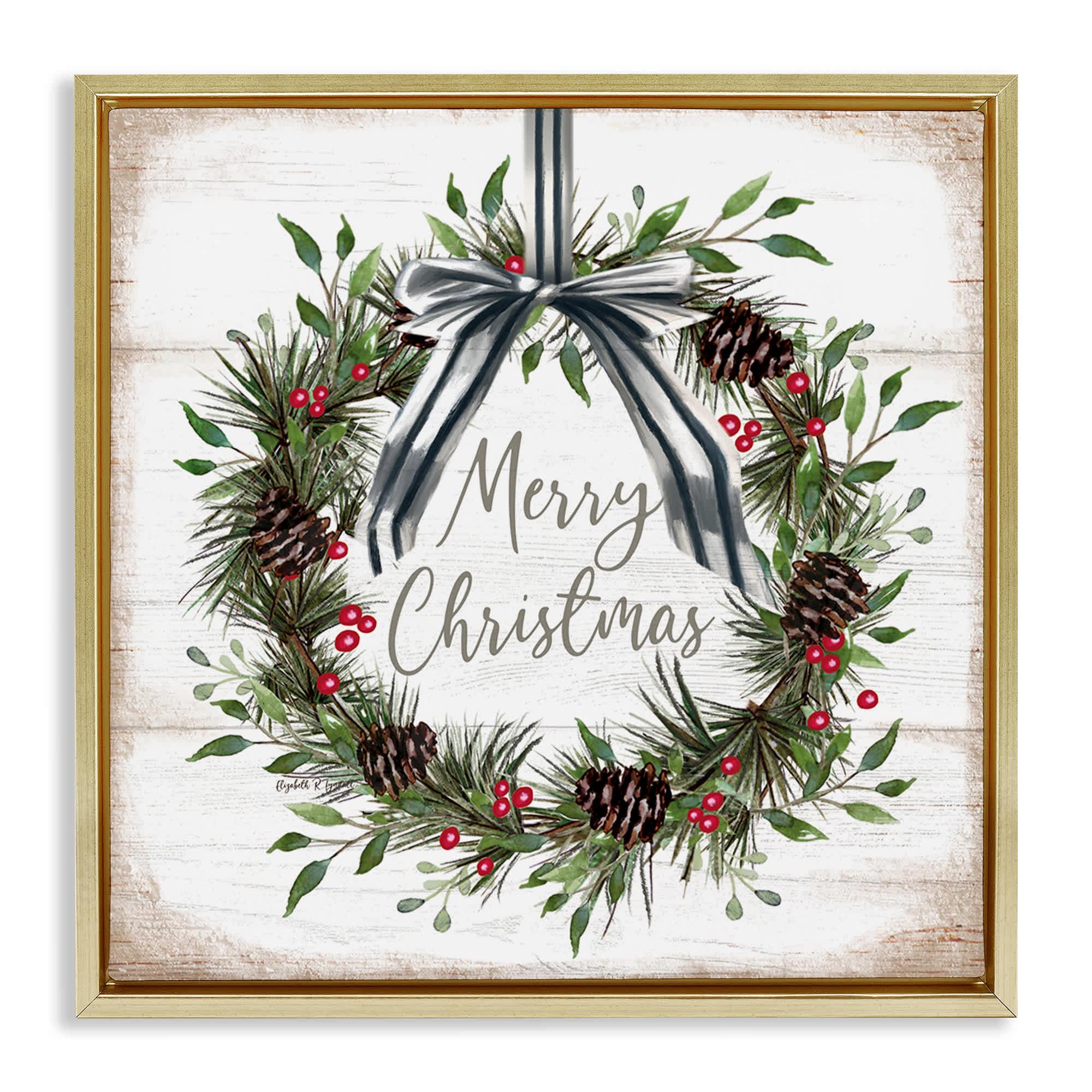 Stupell Industries BT-529-FFG-17X17 Rustic Christmas Pinecone Wreath Gold Framed Floater Canvas Wall Art By Elizabeth Tyndall 18 x 18