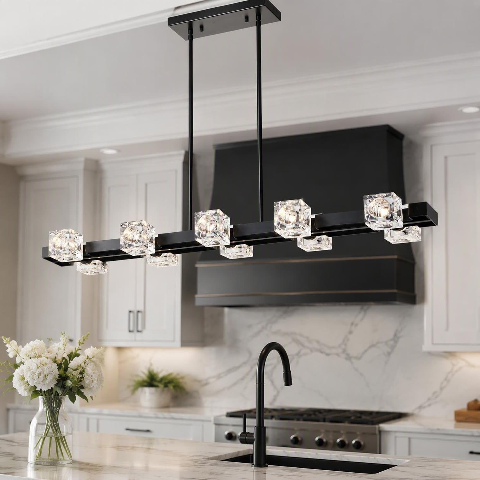 xersbav 10 Lights Modern Rectangle Kitchen Island Chandelier Black Farmhouse Linear Dining Room Pendant Light with Crystal Shade