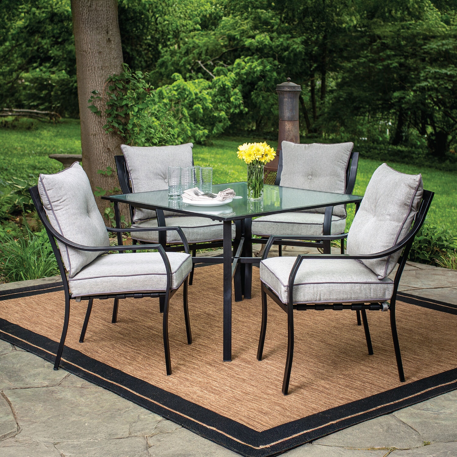 Hanover LAVDN5PC-SLV Lavallette 5 -Piece Black Patio Dining Set Steel Square Table with 4 Silver Cushions Stationary Chairs
