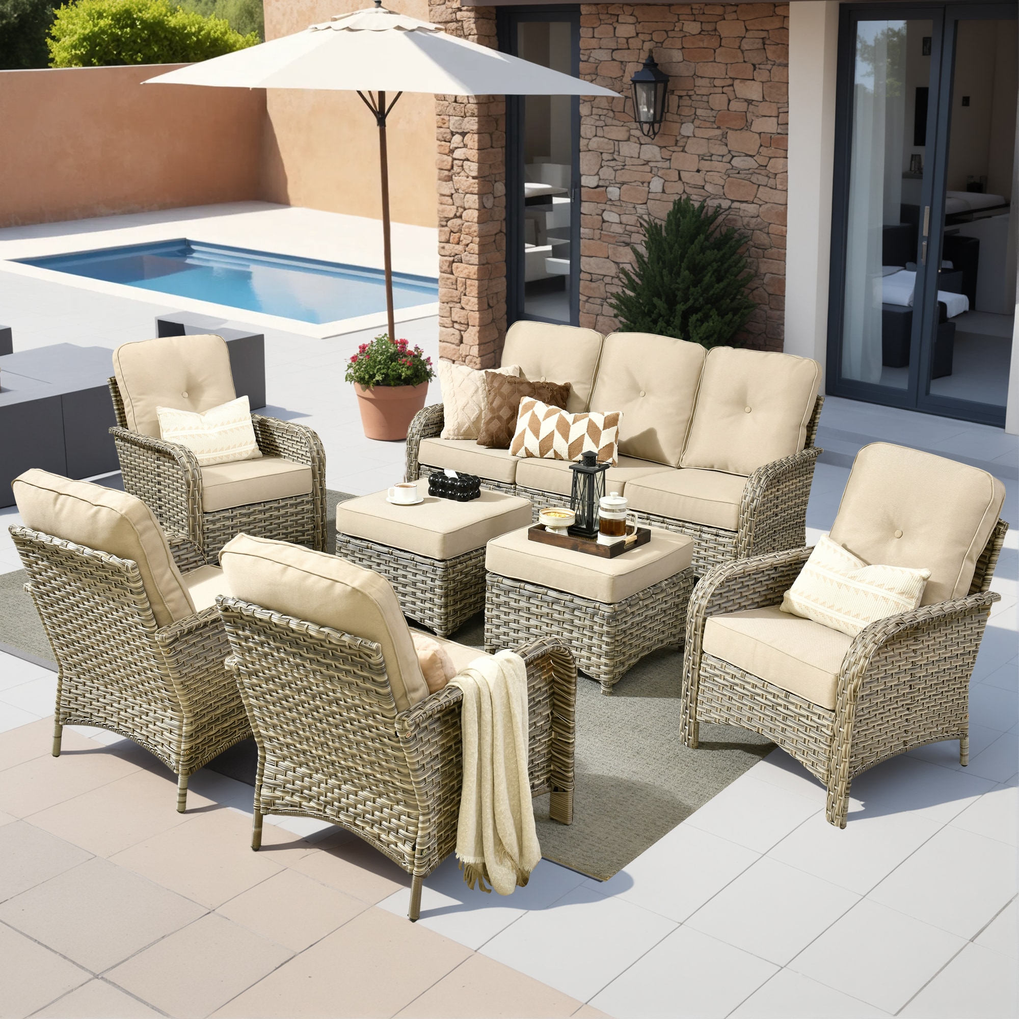 XIZZI XIVNC6073 Scorpio 7 -Piece Rattan Patio Sofa Conversation Set with Beige Cushions