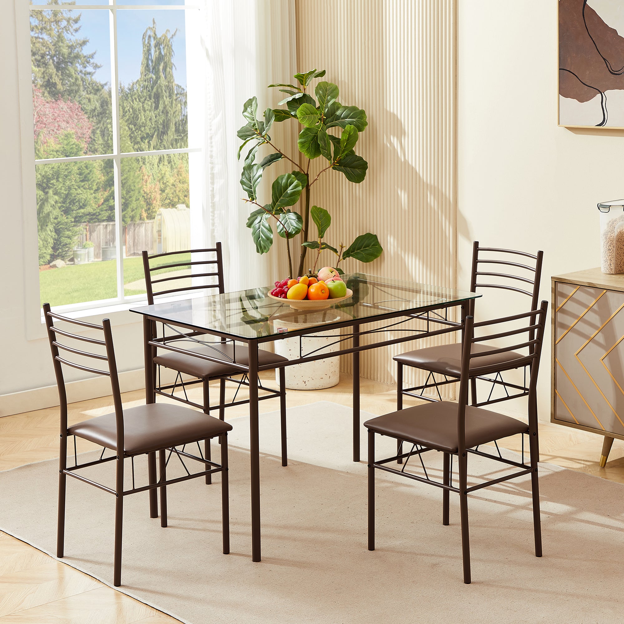 Vecelo LOE-XJM-TC01-BRN 5 Piece Dining Table and Chairs Set 4 Person Dining Set Glass Metal Home Kitchen Breakfast Furniture Dining Room Sets Brown