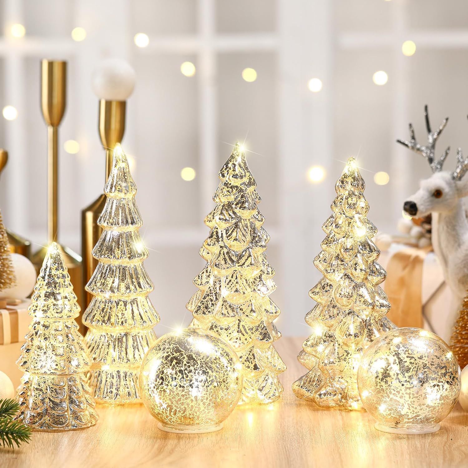 BEARSOLIM 6 Pcs Mercury Glass Cracked Globe Light Up Christmas Tree Tabletop Decor