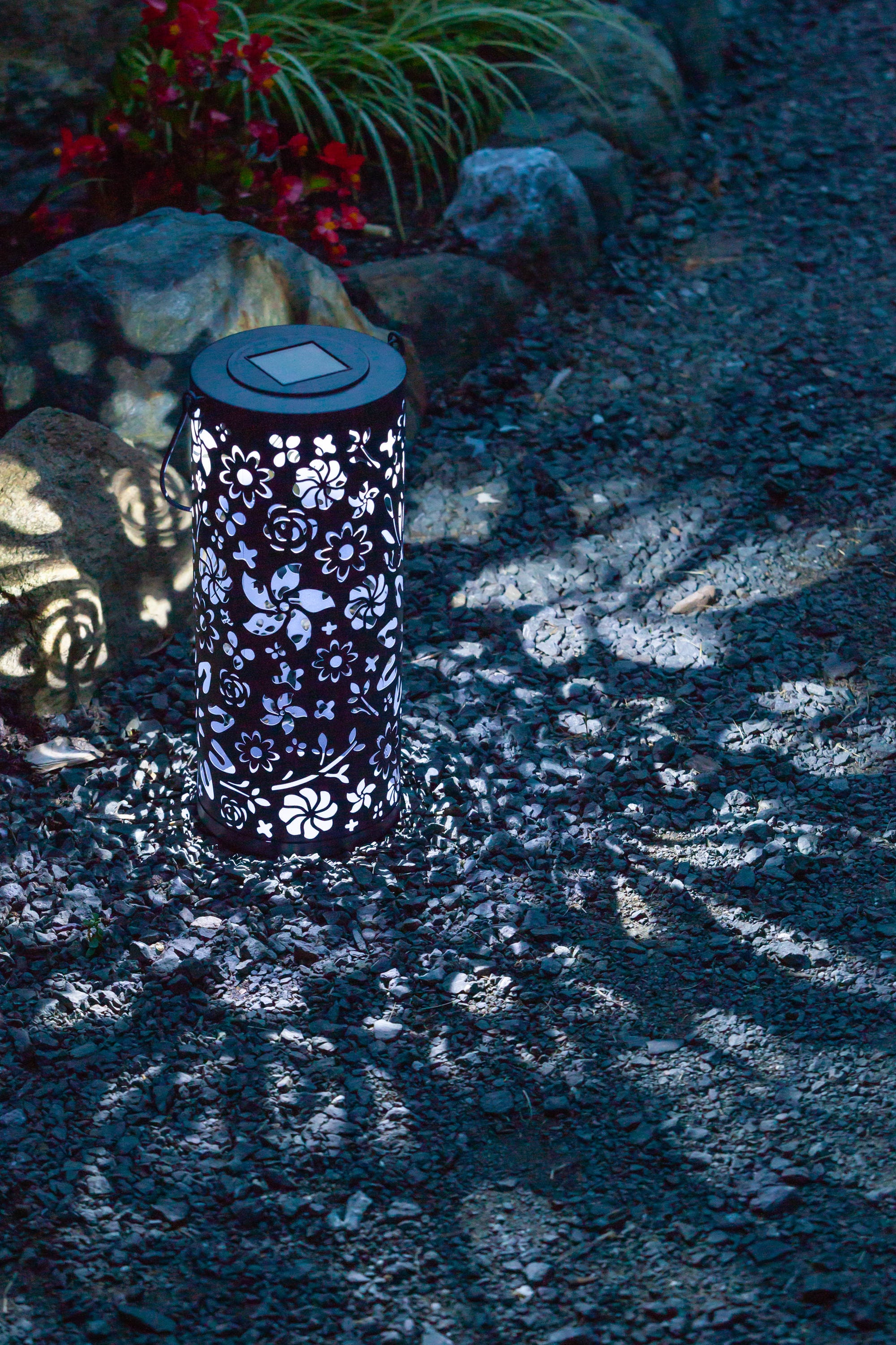 Midnight Blue Floral Punched Metal Solar Lantern