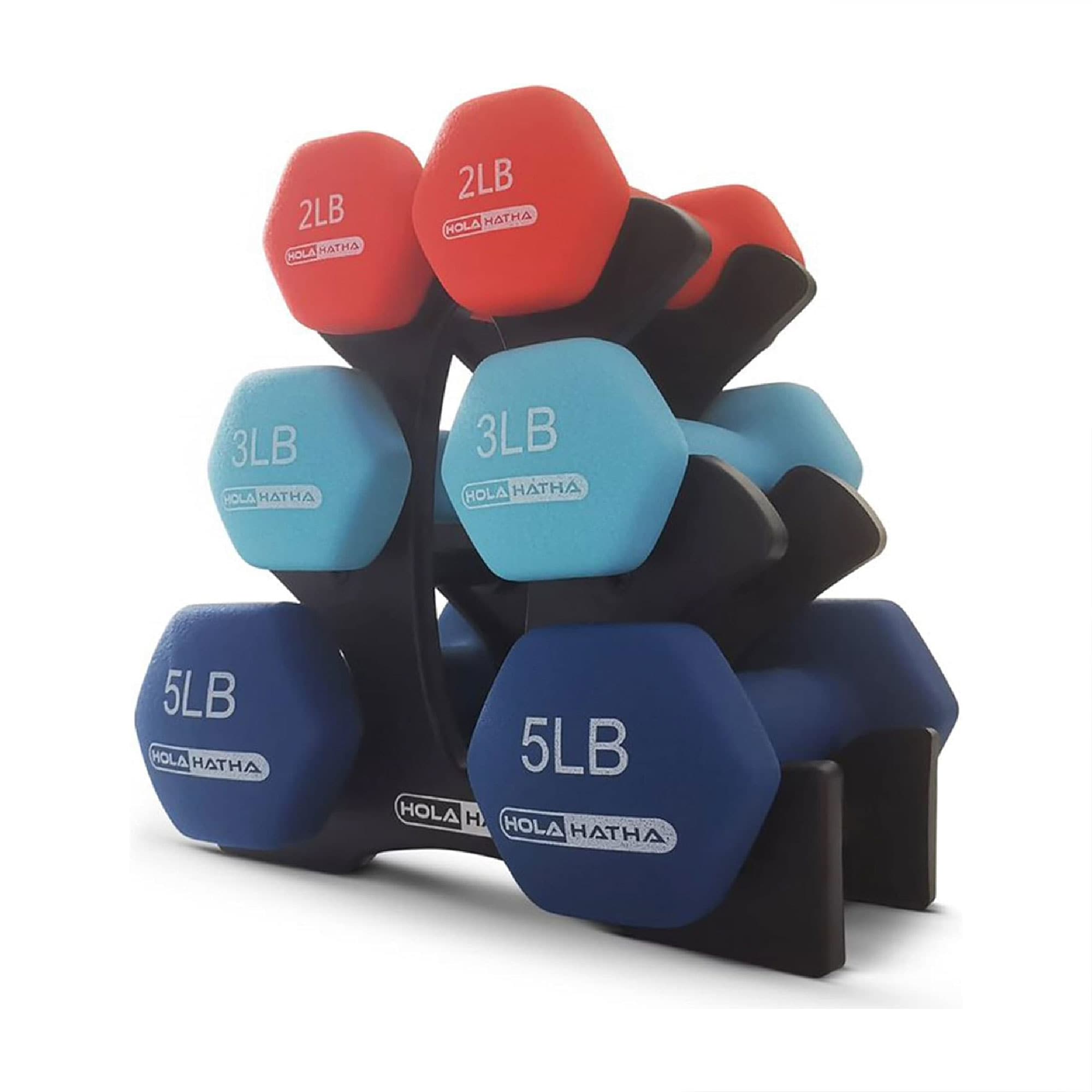 HolaHatha  2 3 and 5 Lb Neoprene Dumbbell Free Hand Weight Set w/ Rack Red/Blue