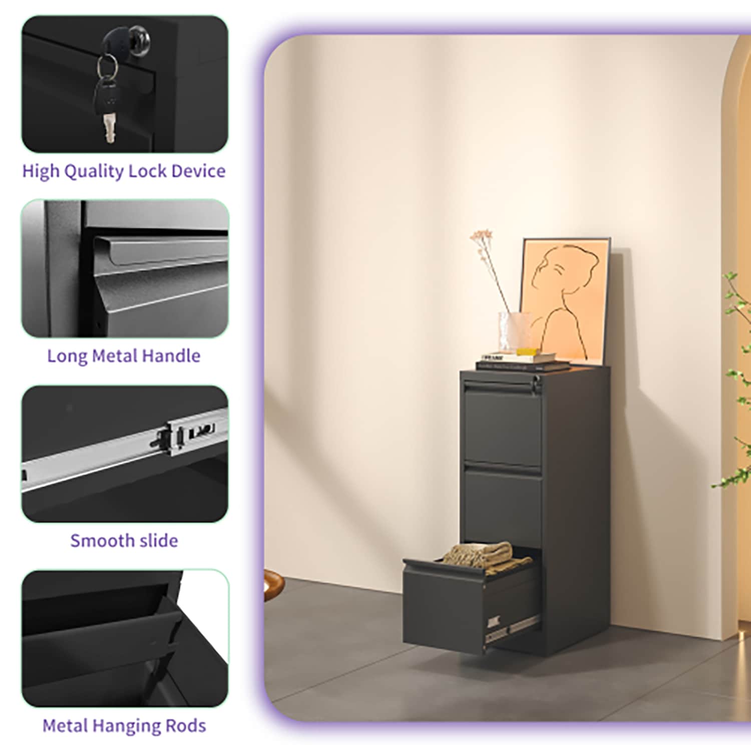 Black Steel 3-Drawer Lockable Vertical File Cabinet