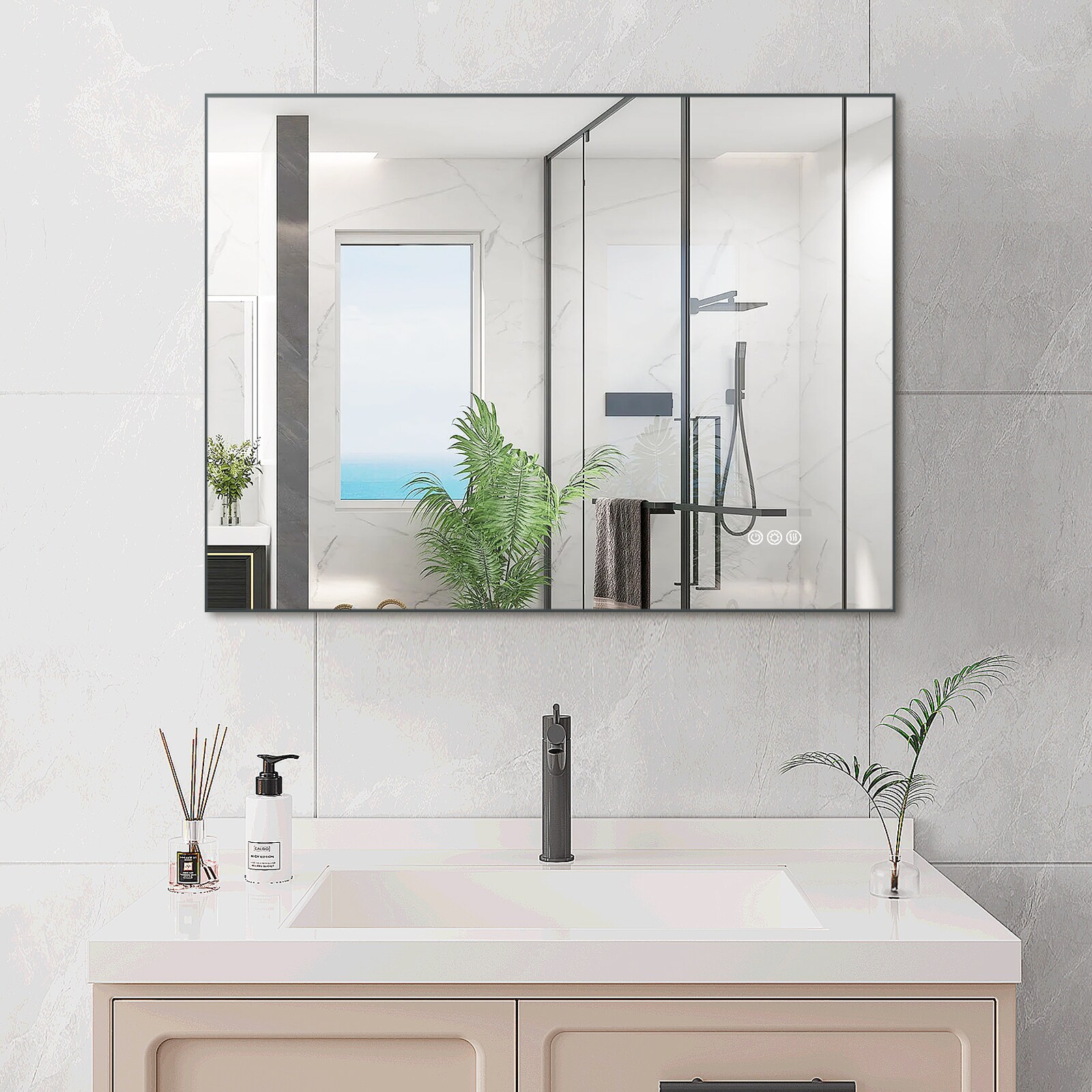 Forclover HE-32MK3224 32-in x 24-in Framed Rectangle Dimmable Lighted Fog Free Bathroom Vanity Mirror ( Gun Ash )