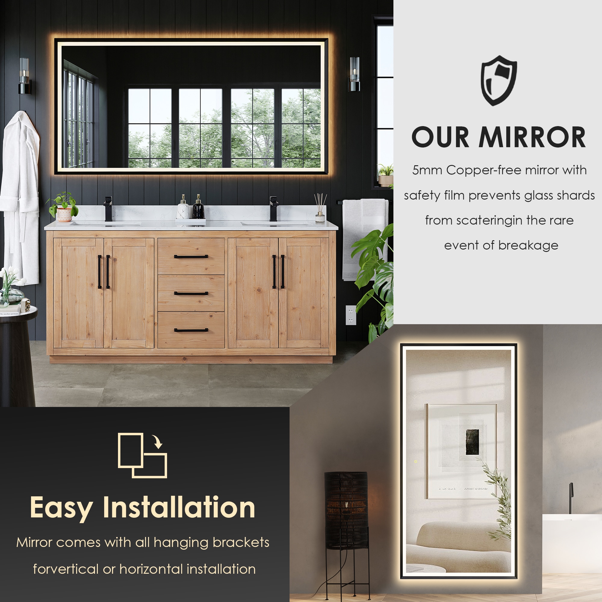 Cicero 72" Light Brown Fir Wood Bathroom Vanity with White Stone Countertop