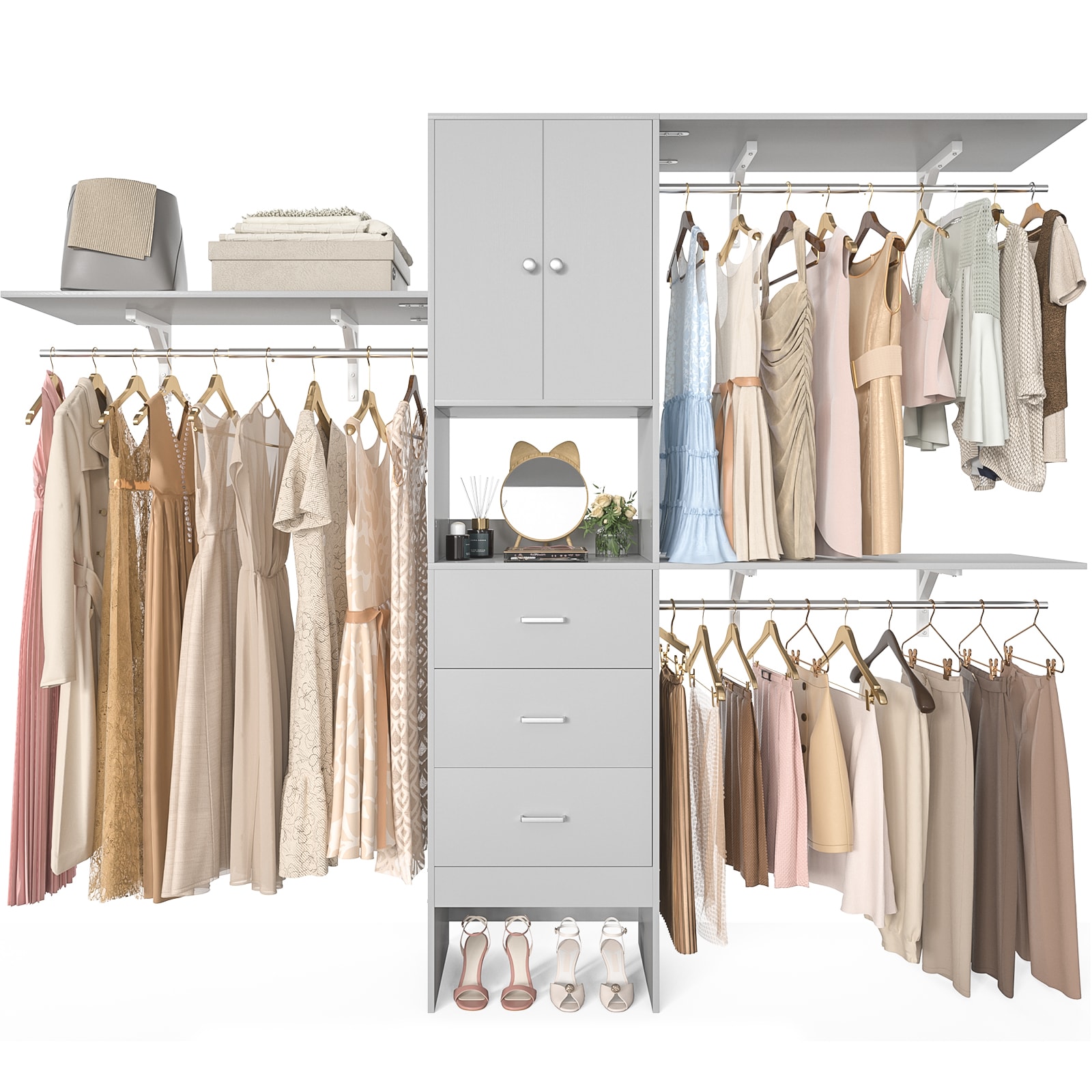 Aheaplus  96 Inches Closet System with Doors 3 Shelving Towers and 3 Wood Drawers