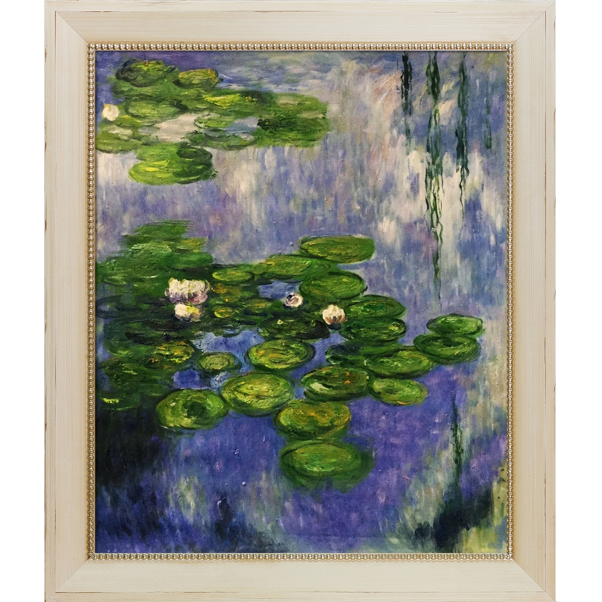 La Pastiche 688576885414 Water Lilies (vertical) Claude Monet White Wood Framed 24.5-Inches H x 28.5-Inches W Floral Canvas Hand-Painted Painting