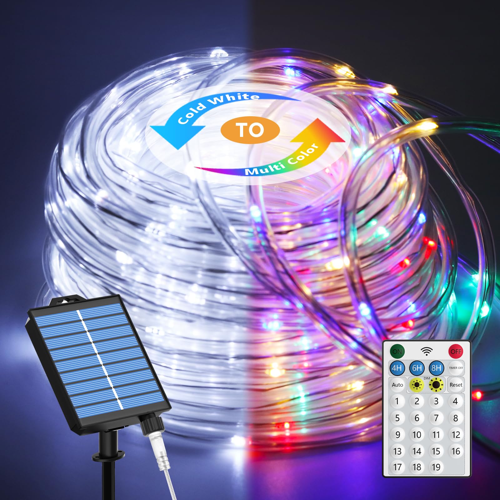 AKSCYZM  Solar Lights Outdoor 66FT 200LED Rope Lights with Remote Type C Charger 19 Modes Timer IP67 Waterproof for Christmas Pool Patio Porch