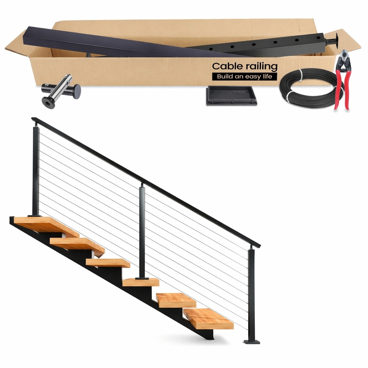 Aoibox -  3 ft to 6 5 ft Black Complete Cable Railing Kit for Stairs 42 in Height Surface Mount S...