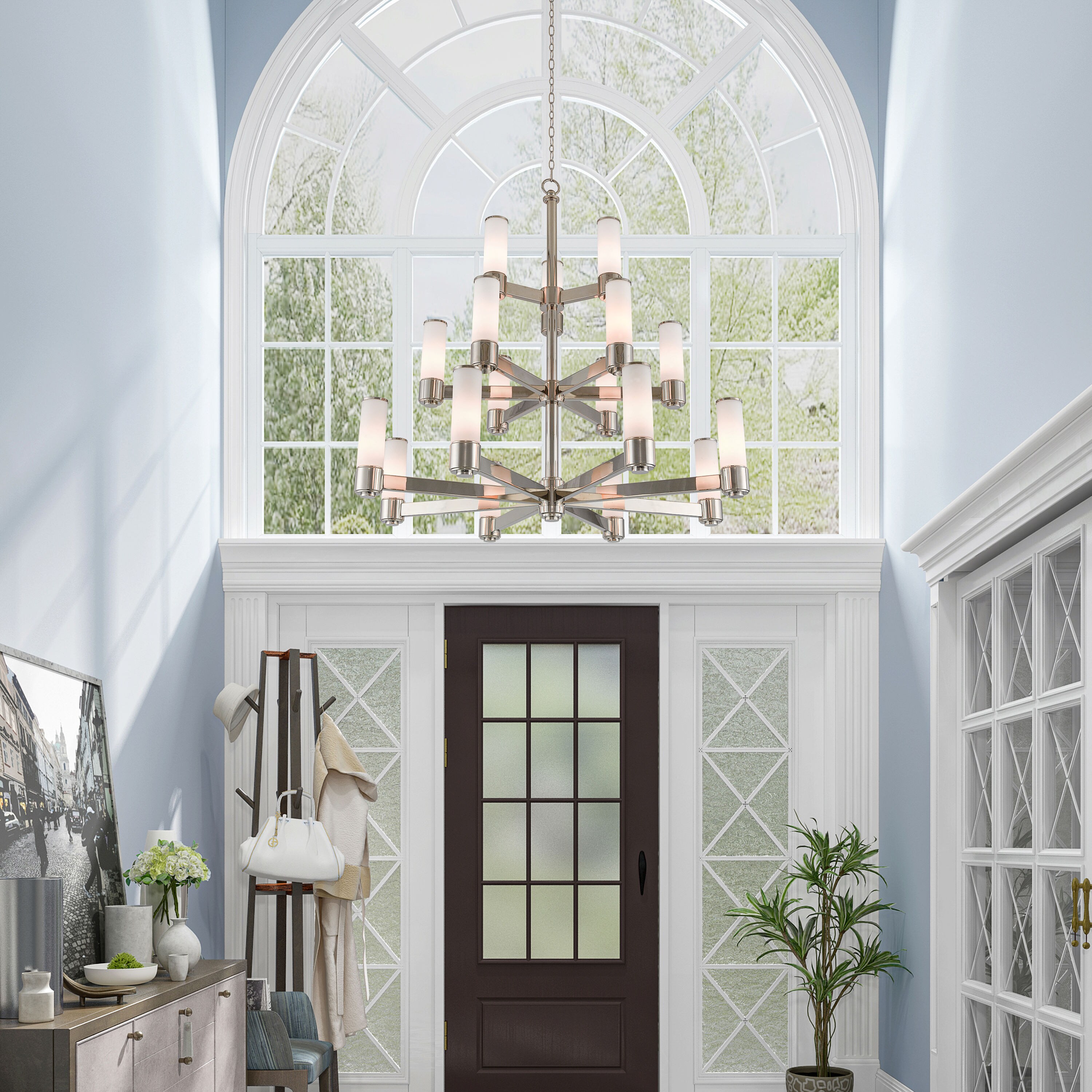 Polished Nickel 17-Light Chandelier with Satin Opal Glass