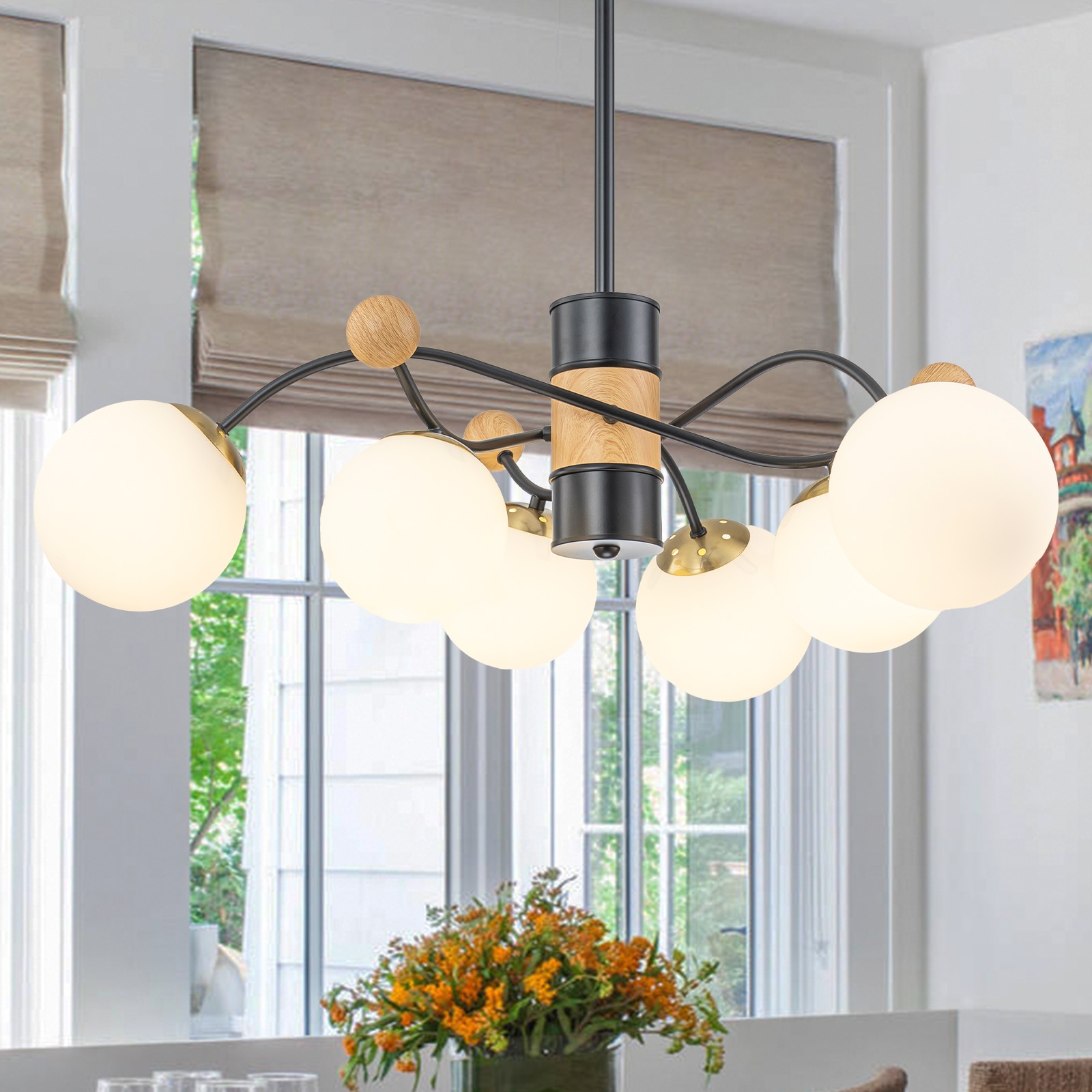 MENCOLULU Metal Curved Arms Chandeliers with Opal Glass Globes 6 -Light Black Metal Chandelier