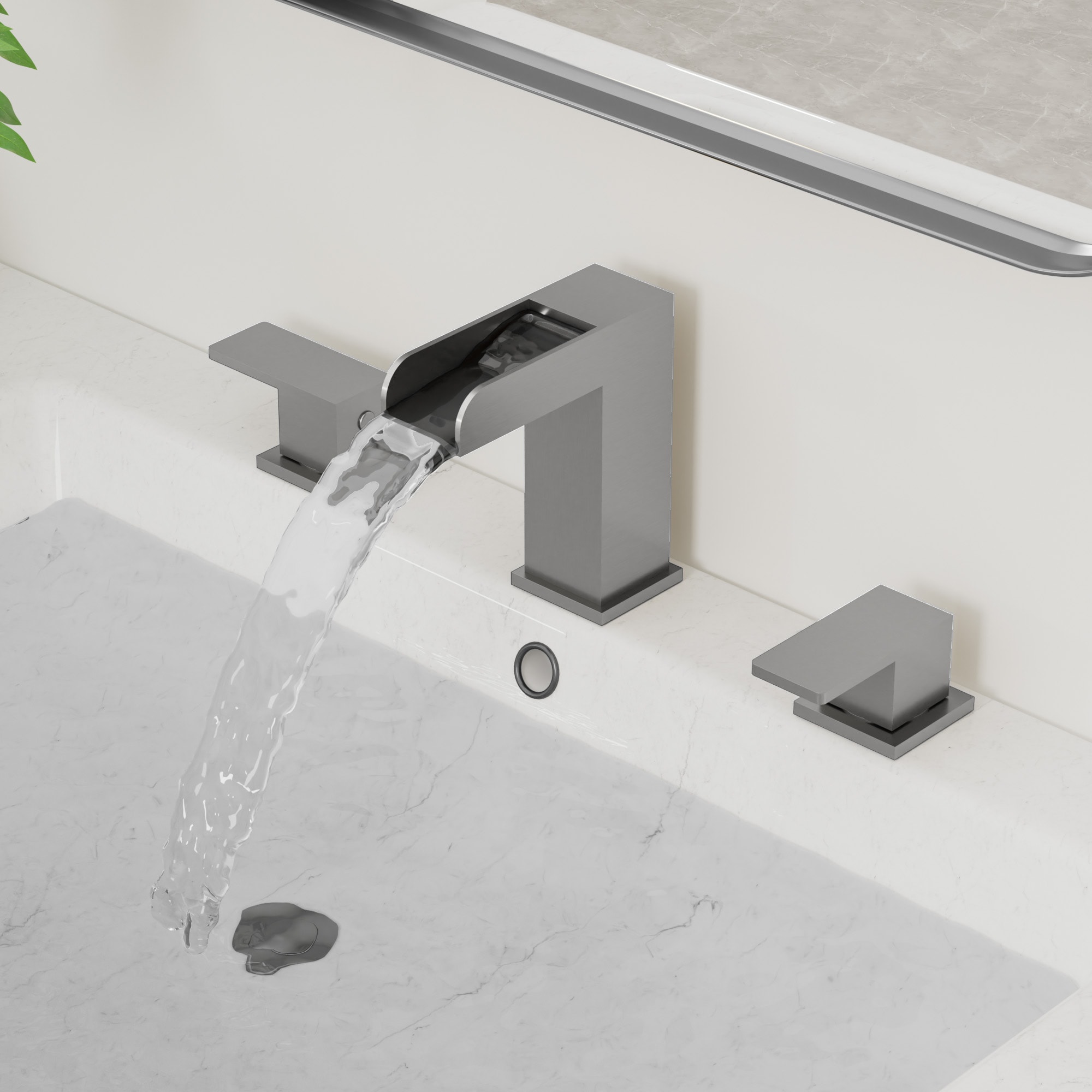 YAWWALK  Brushed Nickel 2-Handle Widespread Waterfall Bathroom Sink Faucet with Pop-Up Drain