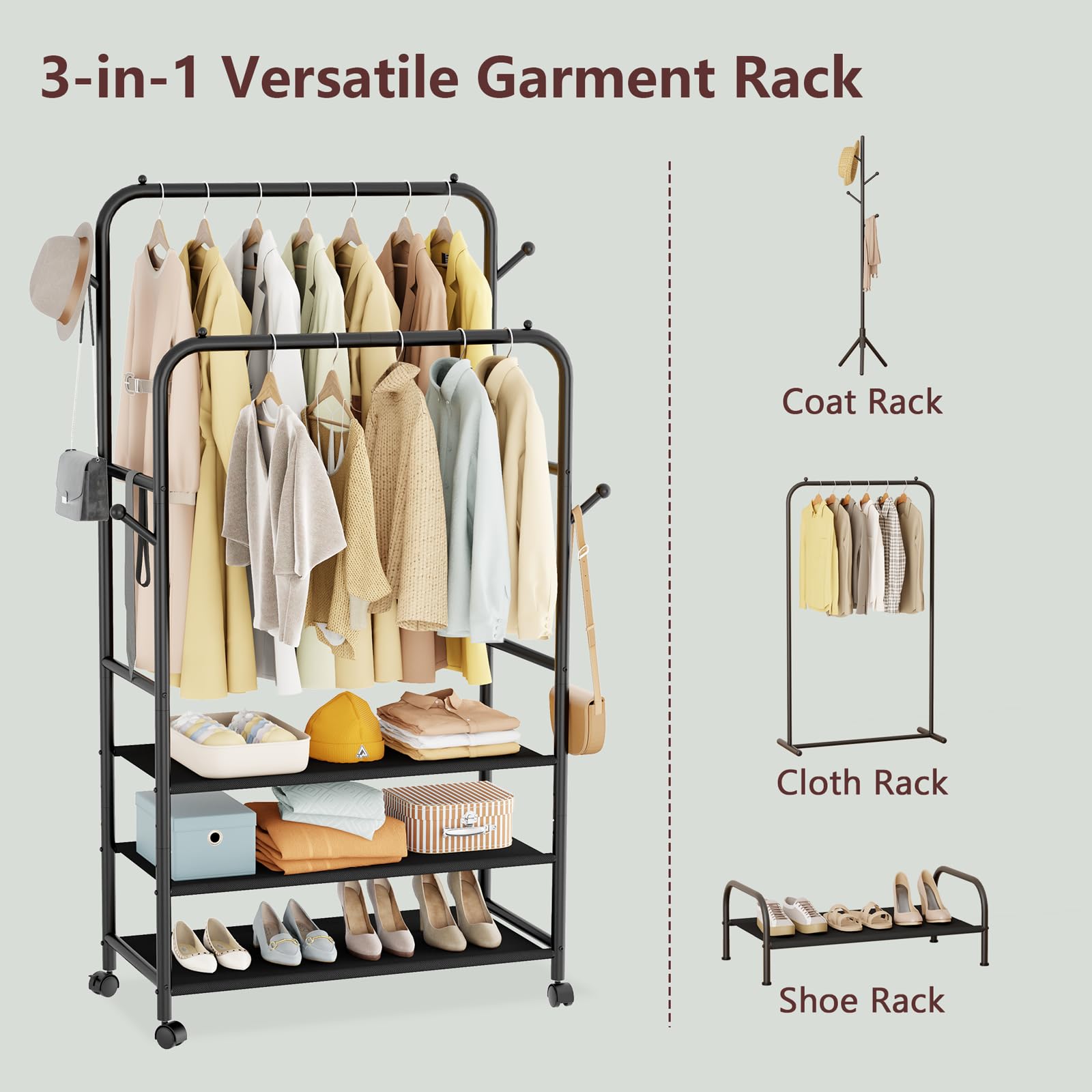 AKSCYZM  Clothes Rack Double Rods with Three Tier Storage Shelves Rolling Garment Wardrobe Portable Free Standing Closet for Bedroom Laundry Room