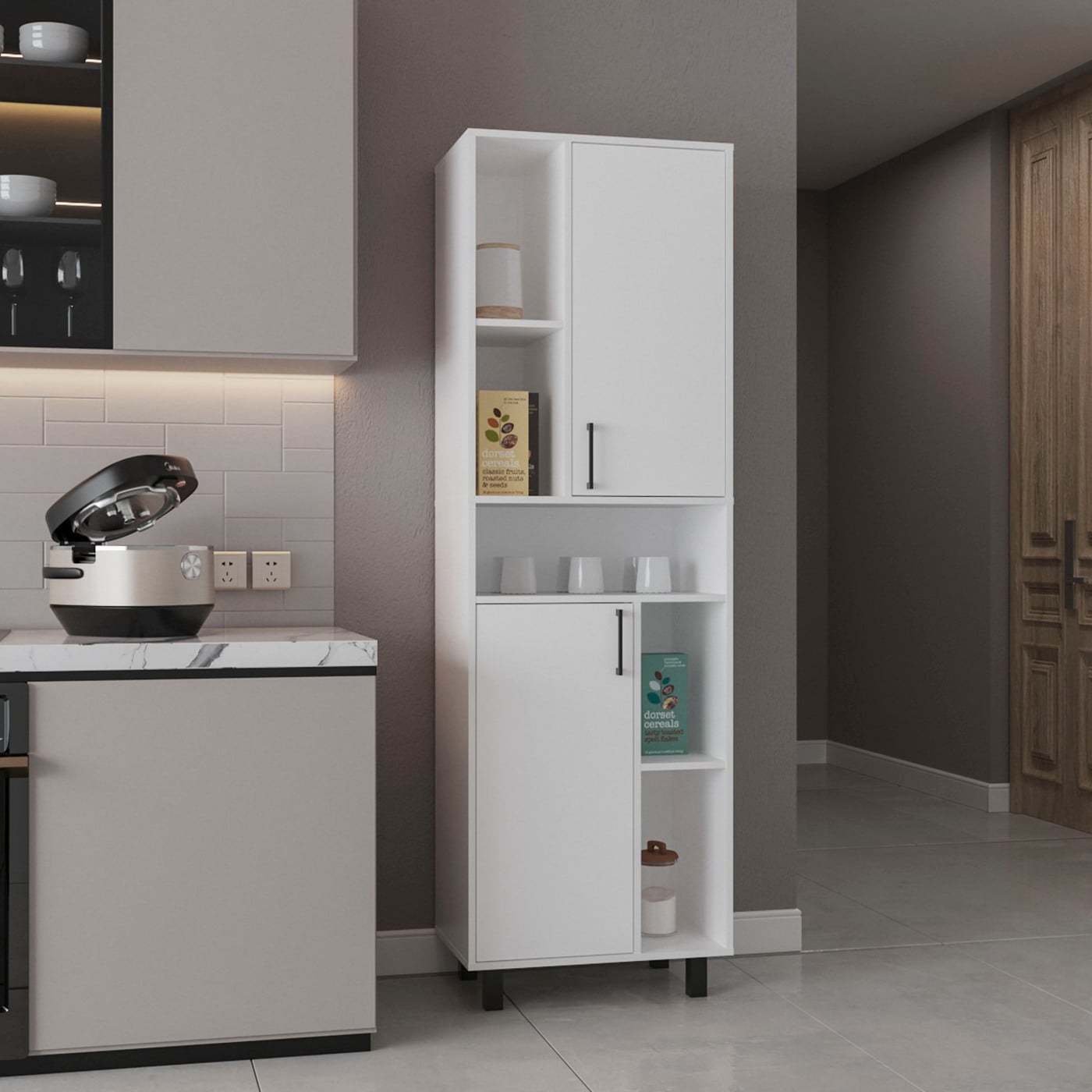 CHITA White Pantry Cabinet with 2 Doors and 9 Shelves for Kitchen Dining Room Pantry Goods Cookware Everyday Storage and Serving Essentials