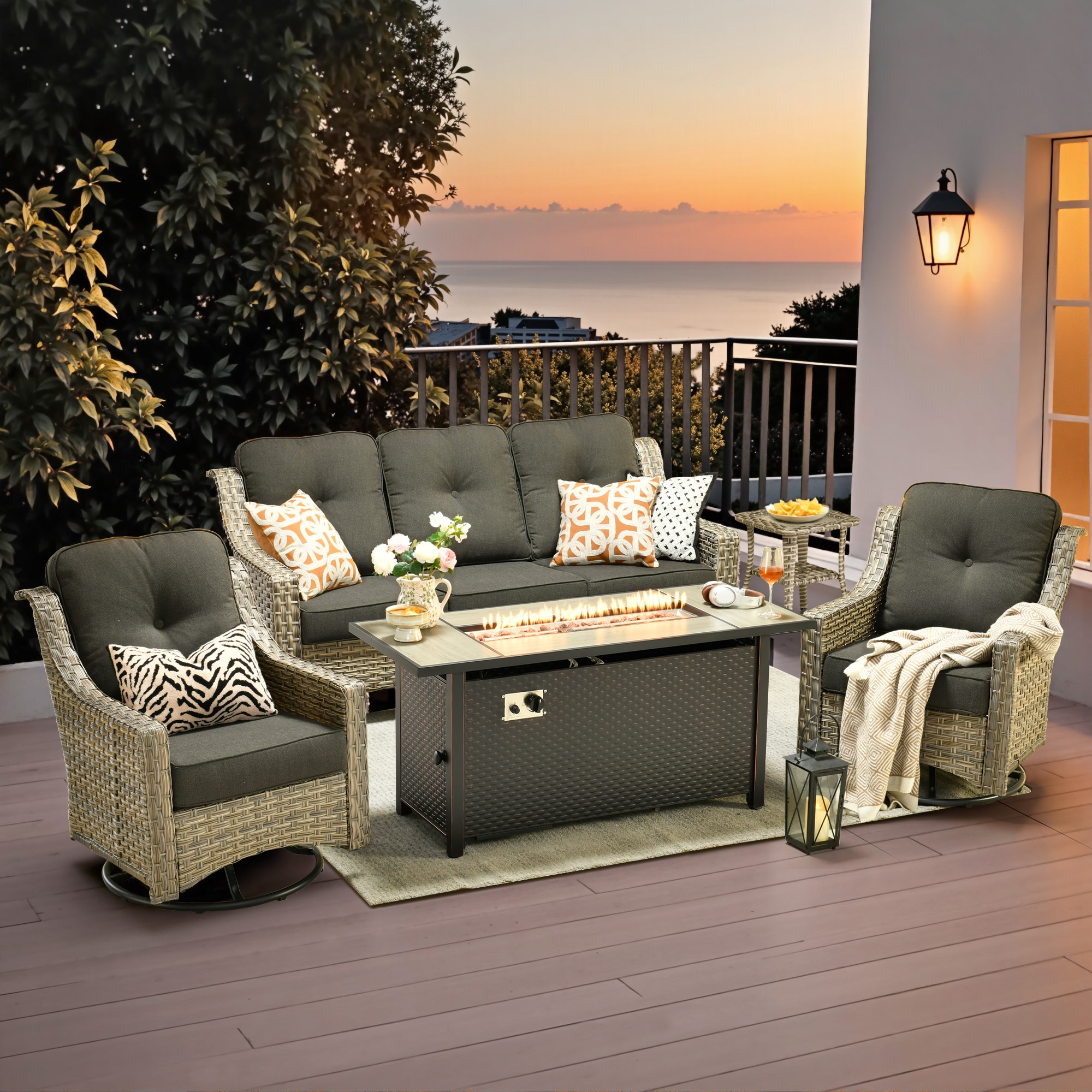 weaxty HMBCFP8503PADYZ5S1 Aireno 5 -Piece Wicker Patio Sofa Conversation Set with Black Cushions