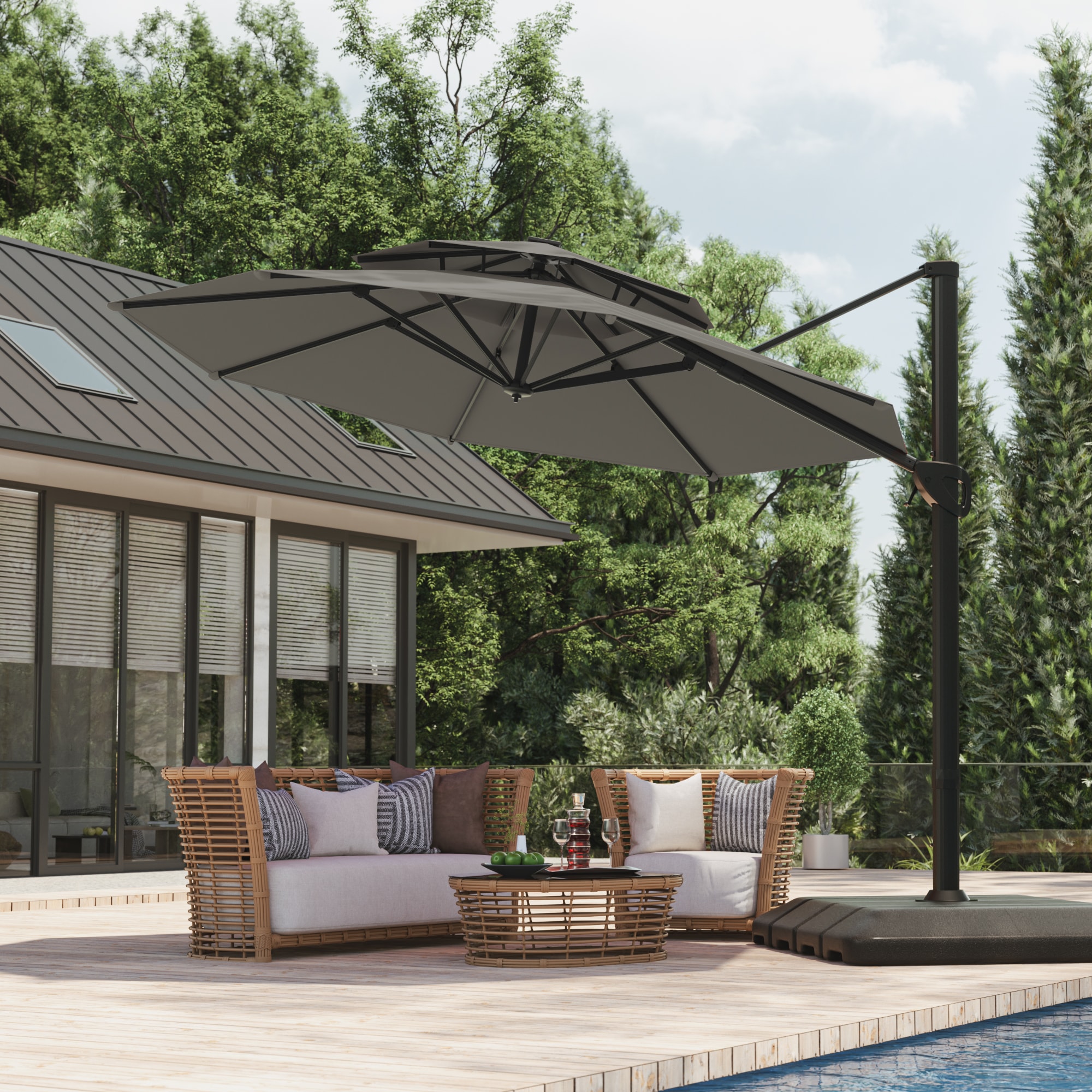 ACEGOSES LW-LED34GY-H 11-ft Aluminum Gray No-tilt Cantilever Patio Umbrella with Base