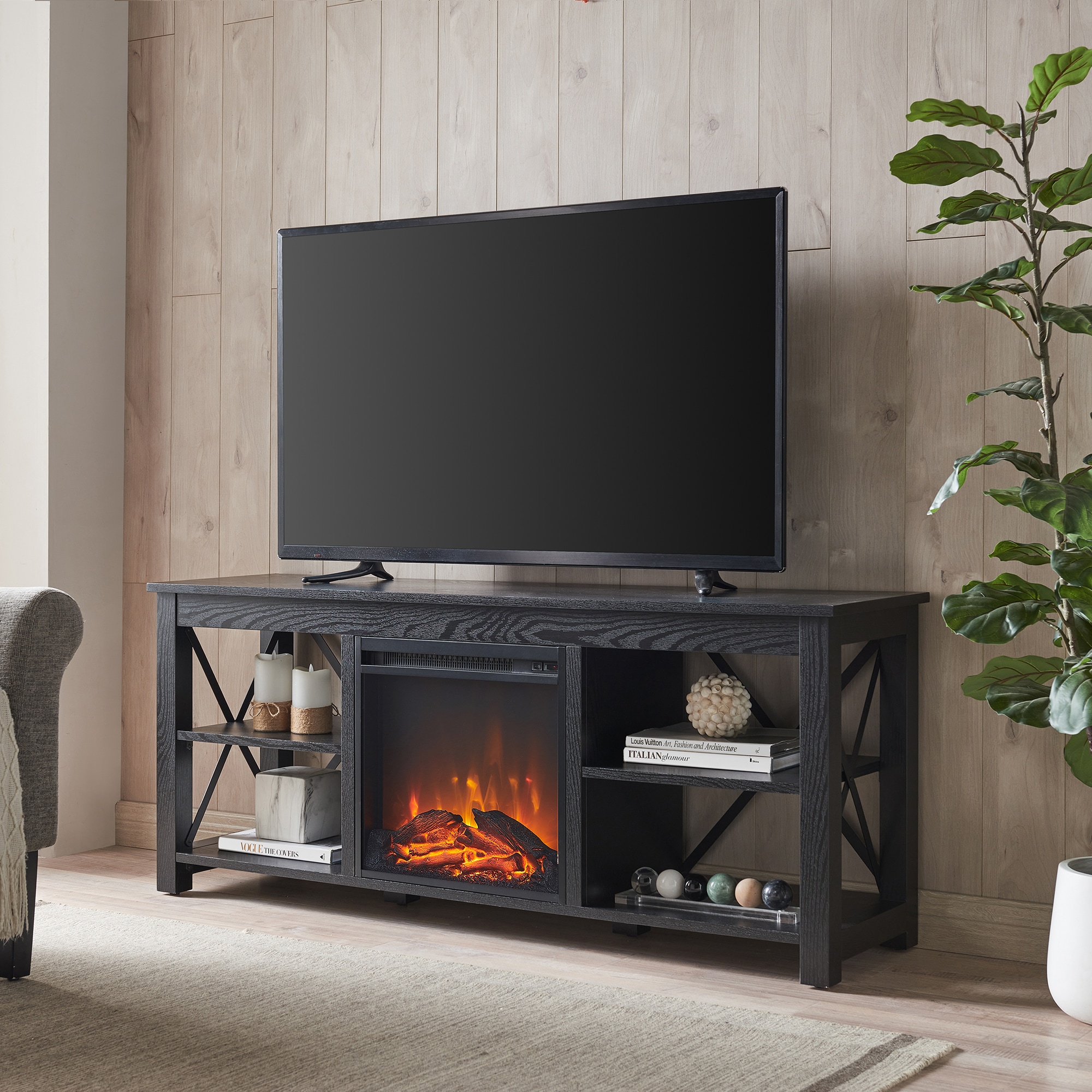 Black Modern Farmhouse TV Stand with Electric Fireplace, 58"
