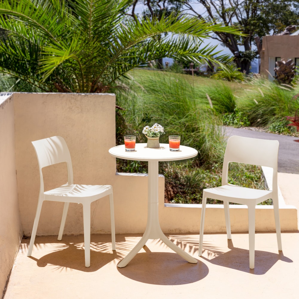 Lagoon 17101W9-27201W9 3 -Piece White Patio Dining Set Resin Round Table with 2 Stackable Stationary Chairs
