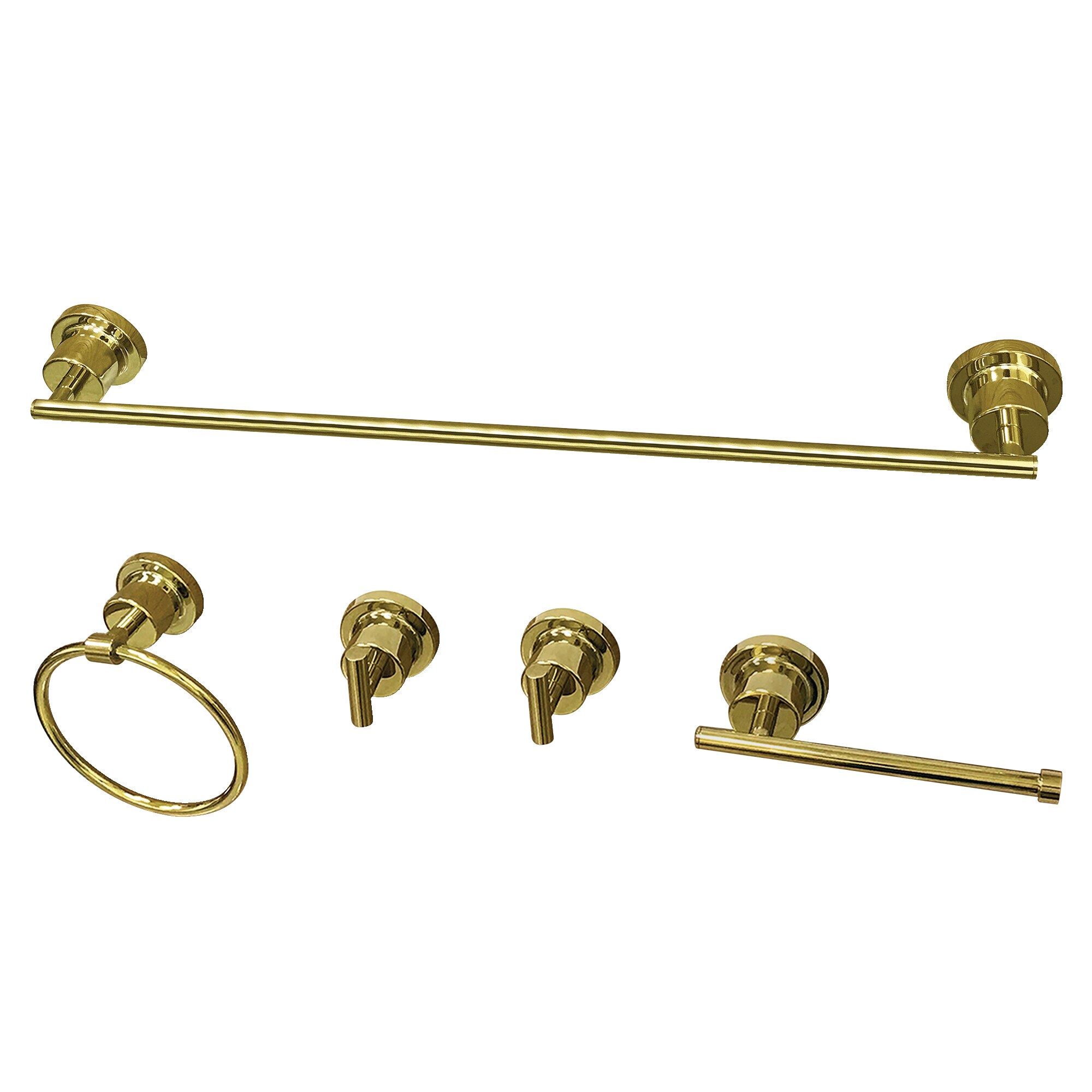Kingston Brass 5-Piece Concord Polished Brass Decorative Bathroom Hardware Set with Towel Bar, Toilet Paper Holder, Towel Ring and Robe Hook