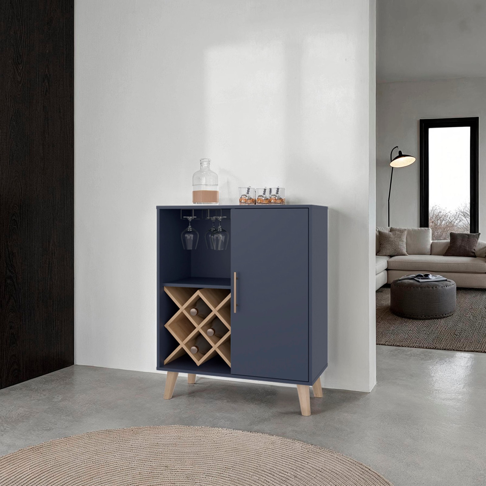 CHITA Modern Wood Bar Cabinet with 1 Door 1 Drawer Natural Oak Finish 4 Shelves 4 Bottle Wine Rack Natural And Blue