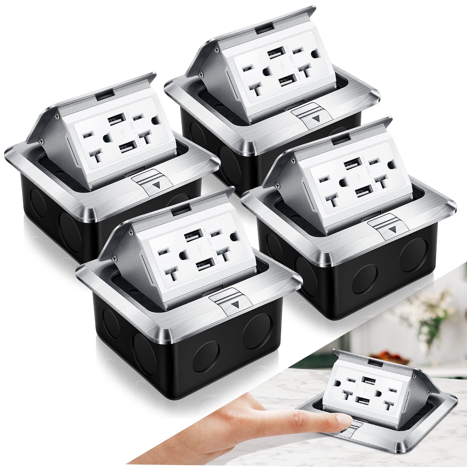 Misopily 4 Pack Pop Up Floor Electrical Outlet Box Kit 20A Tamper Resistant Receptacles 4.8A USB Ports IP44 Waterproof 10x10x5.5cm Silver #LMS0421Z08