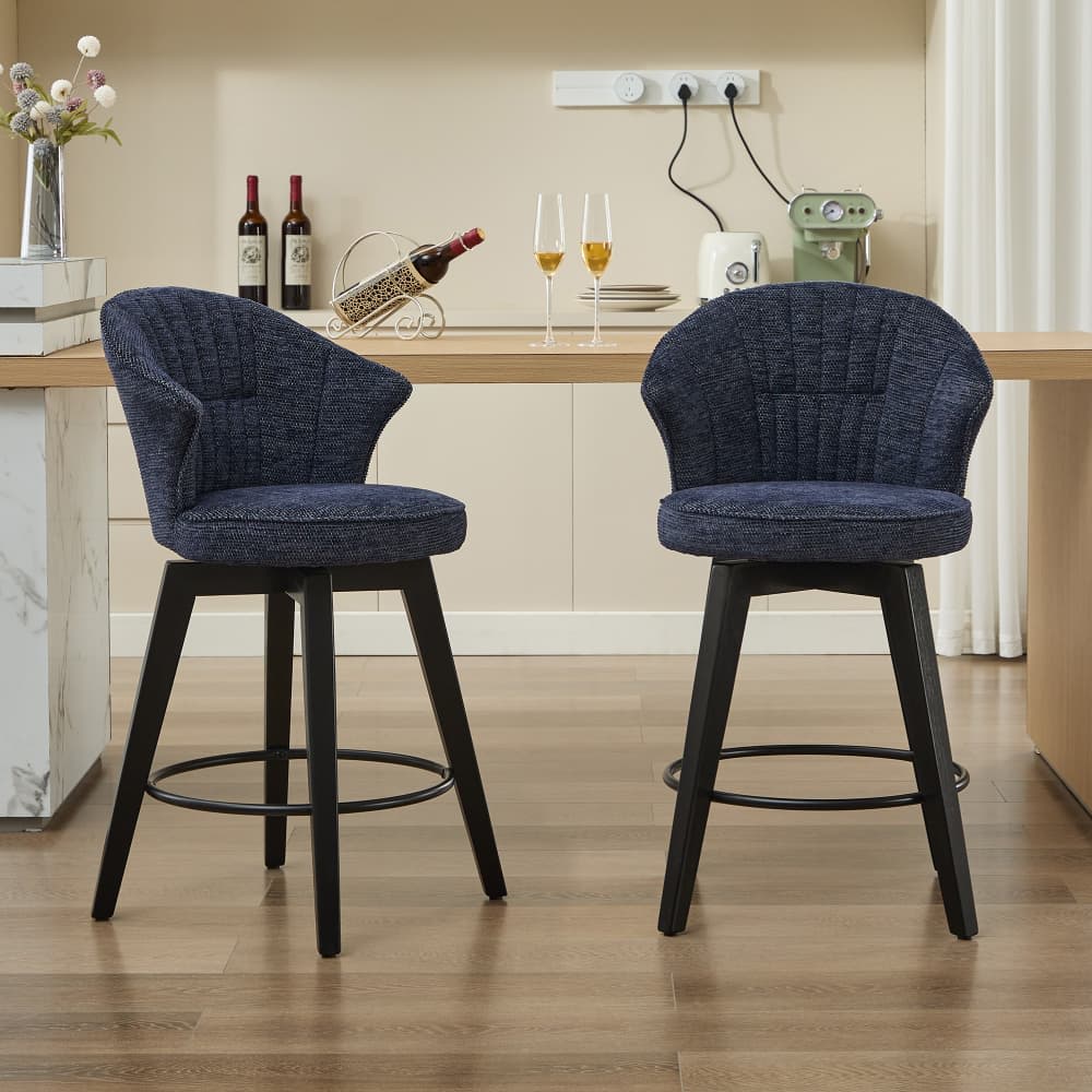Maison Boucle LENA-COUNTER-BLUE Blue Swivel Counter Height Bar Stools Set of 2 with Chenille Upholstery and Wood Legs for Kitchen