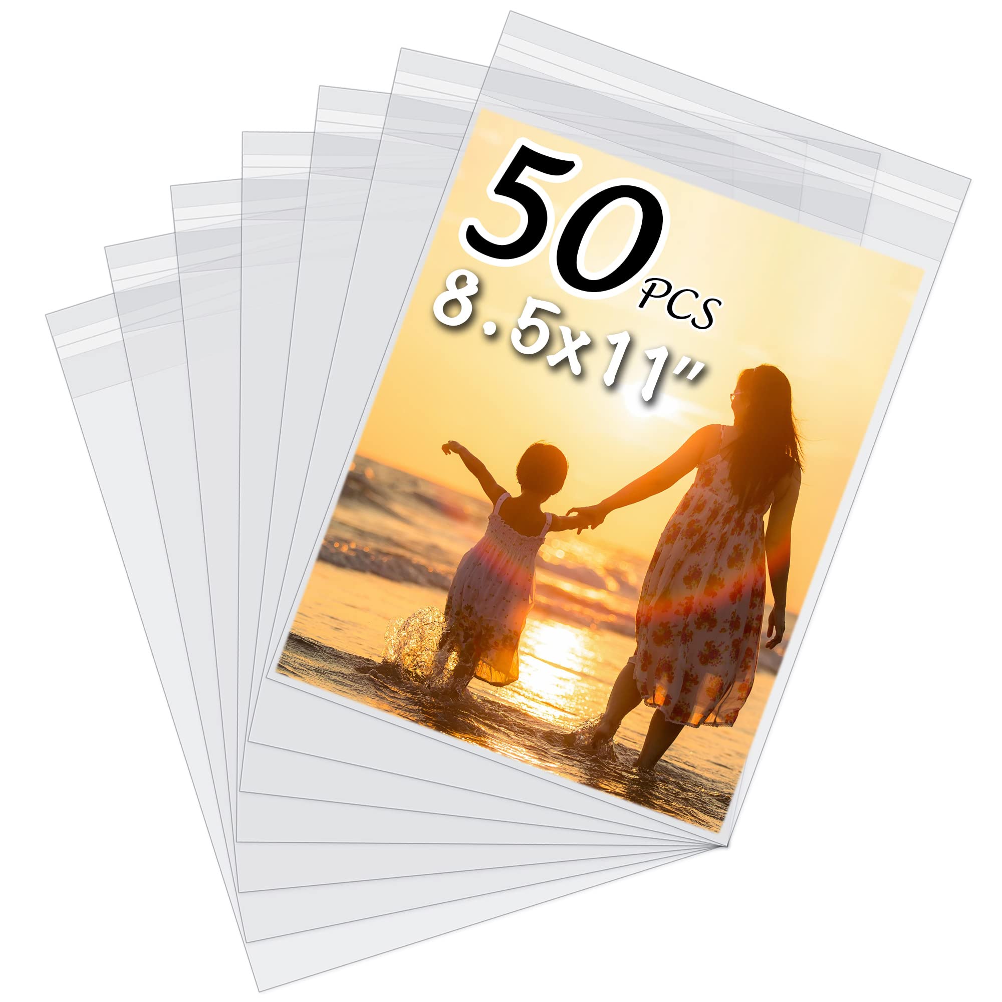 KIWDZFU  50 Pack Acid Free Crystal Clear Sleeves Storage Bags for 8.5x11 Art Prints Pictures Photos Framing Mat Mattes Bag Size 9 in by 11 3 7 in