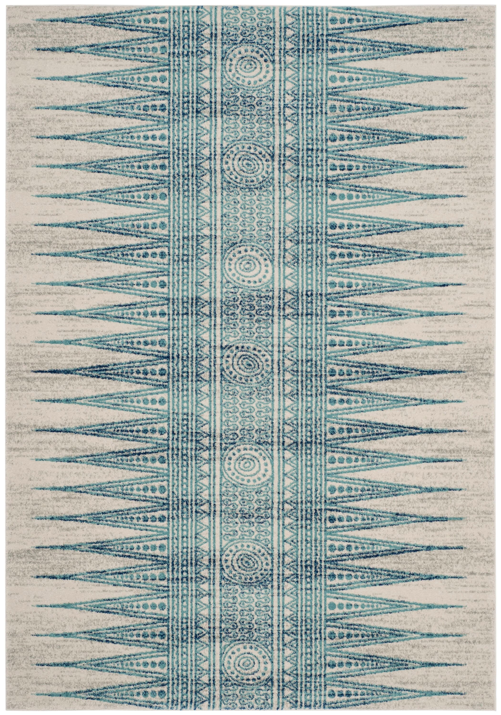 Ivory and Turquoise High Pile Synthetic Area Rug, 4' x 6'