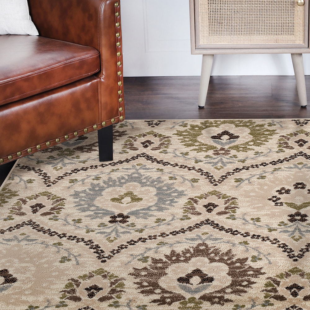 Ivory and Multicolor Floral Synthetic Square Area Rug