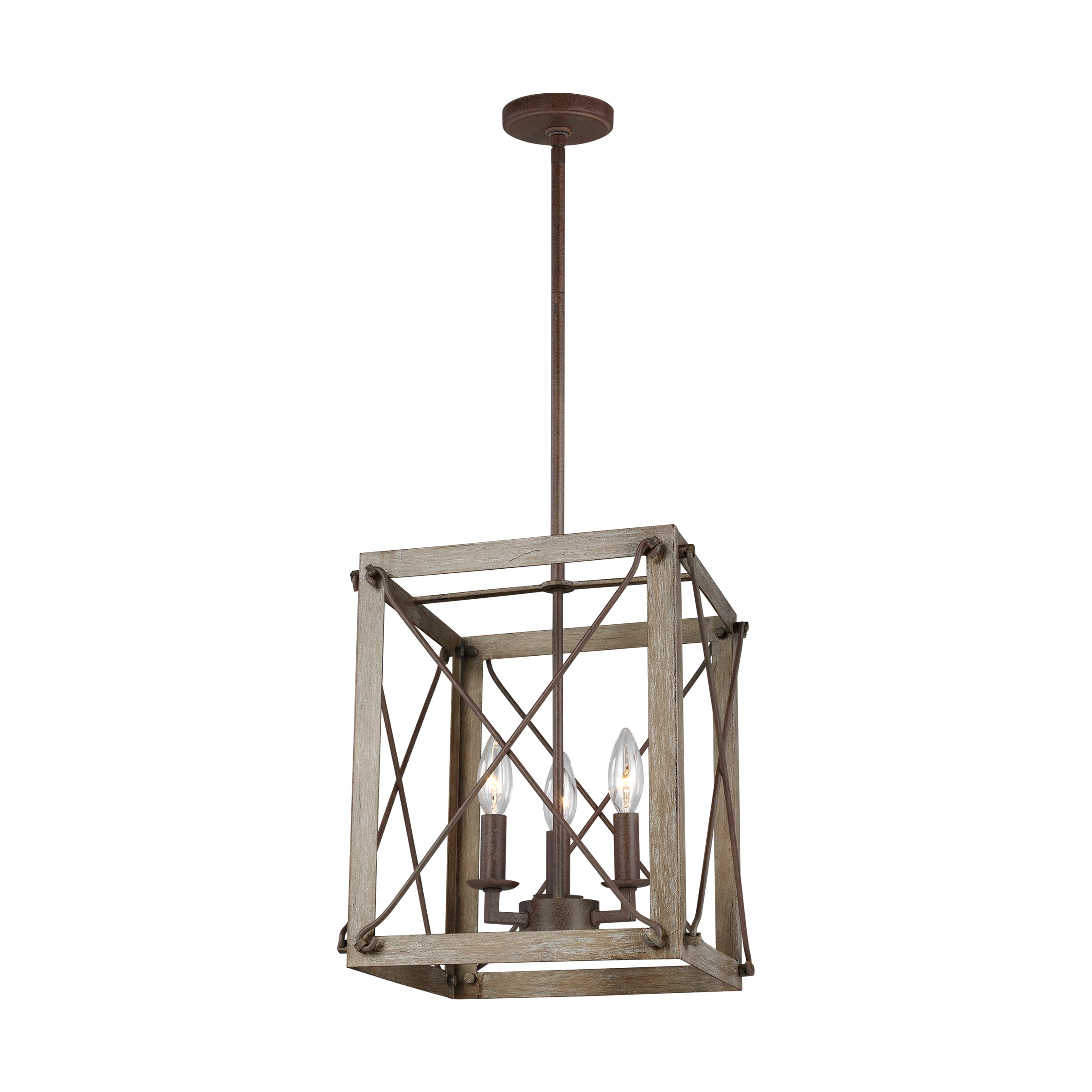 Generation Lighting 6526303EN-872 Thornwood 3 -Light Washed pine/weathered iron Rustic Square Medium Outdoor Hanging Pendant light