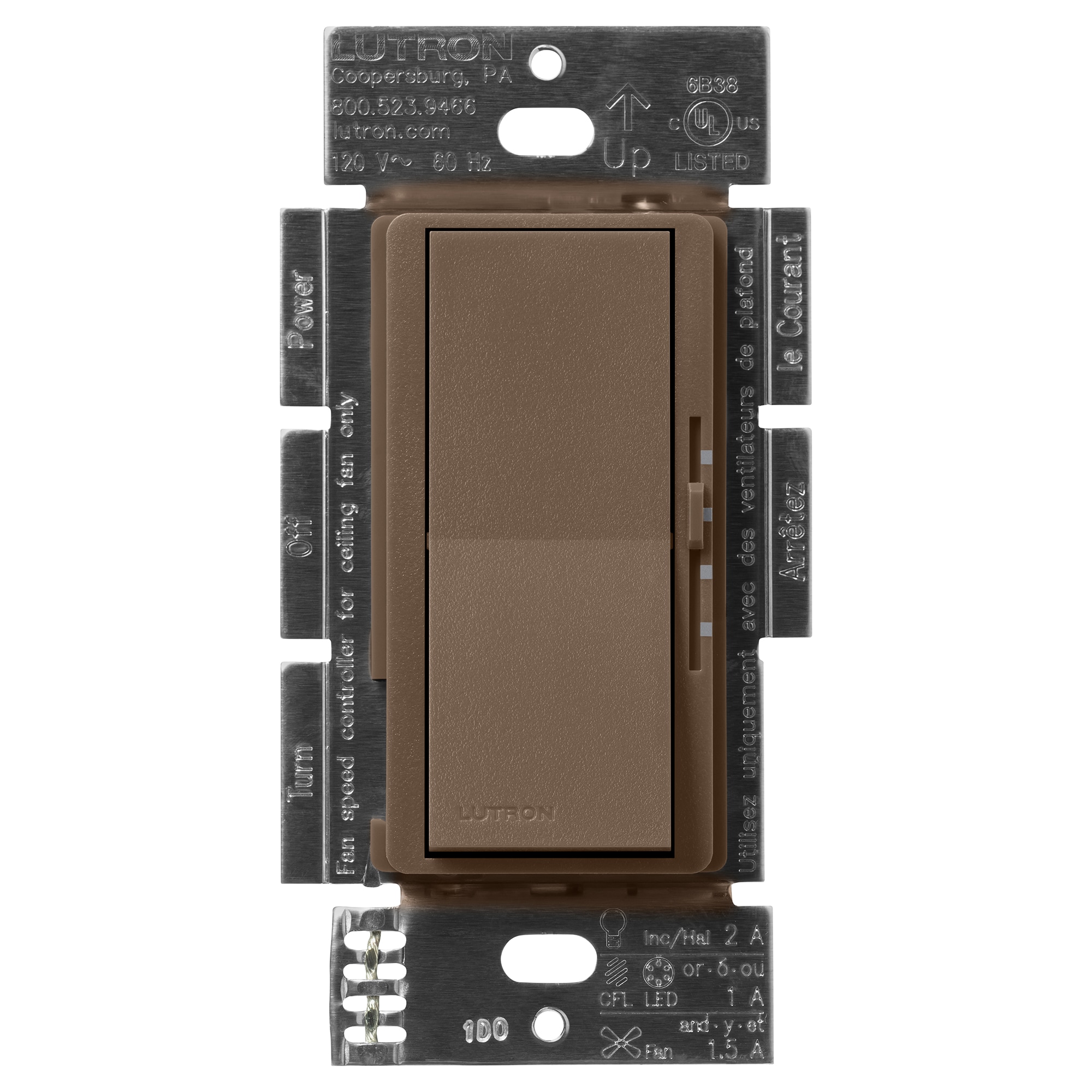 Lutron DVSCFSQ-LF-EP Diva Fan and Light Control 1.5 -Amp 3-speed Rocker Fan Control Espresso