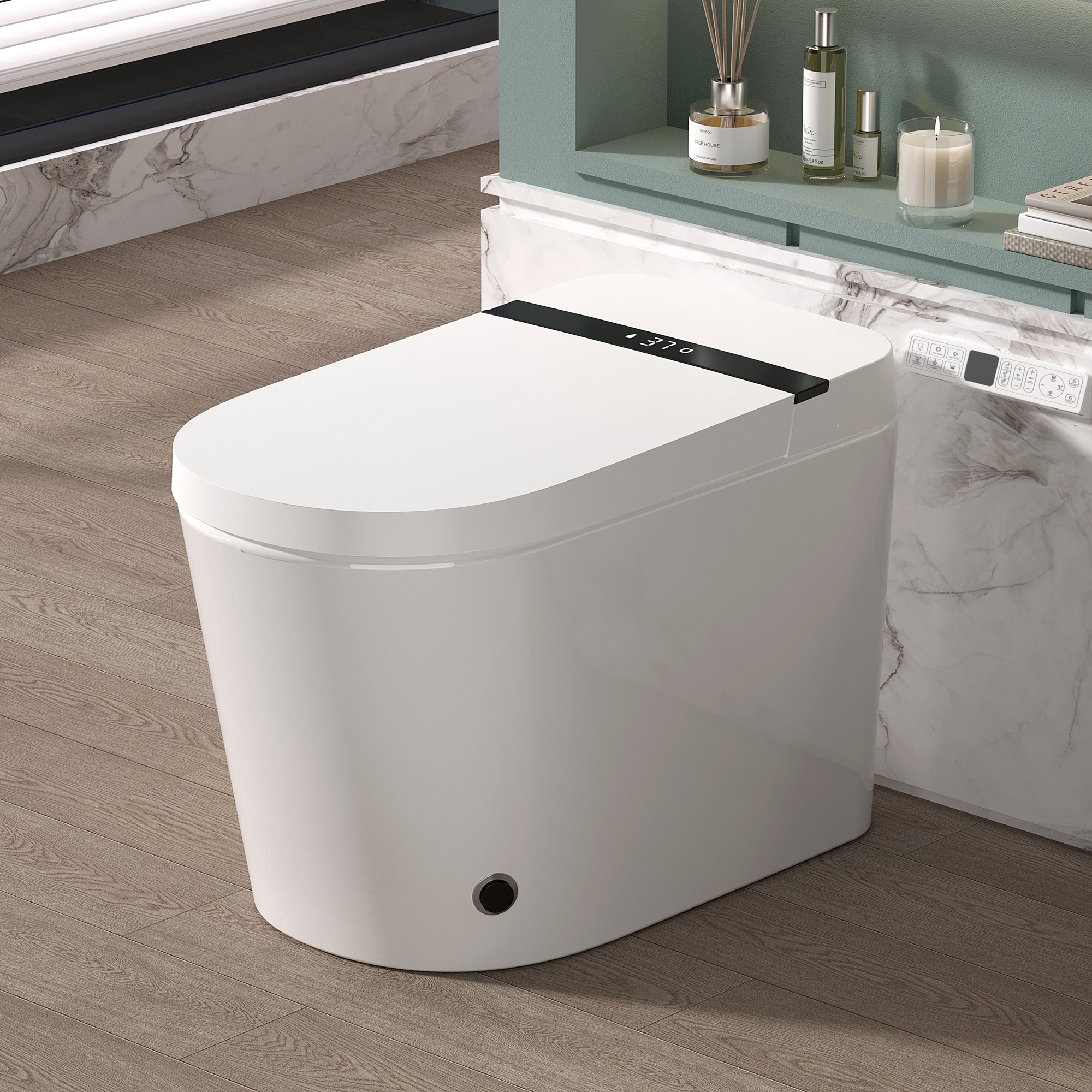 Tinyhomie - Smart Toilet with Bidet Built IN Auto Flush Foot Kick Hands Free Adjusted Heated Seat...