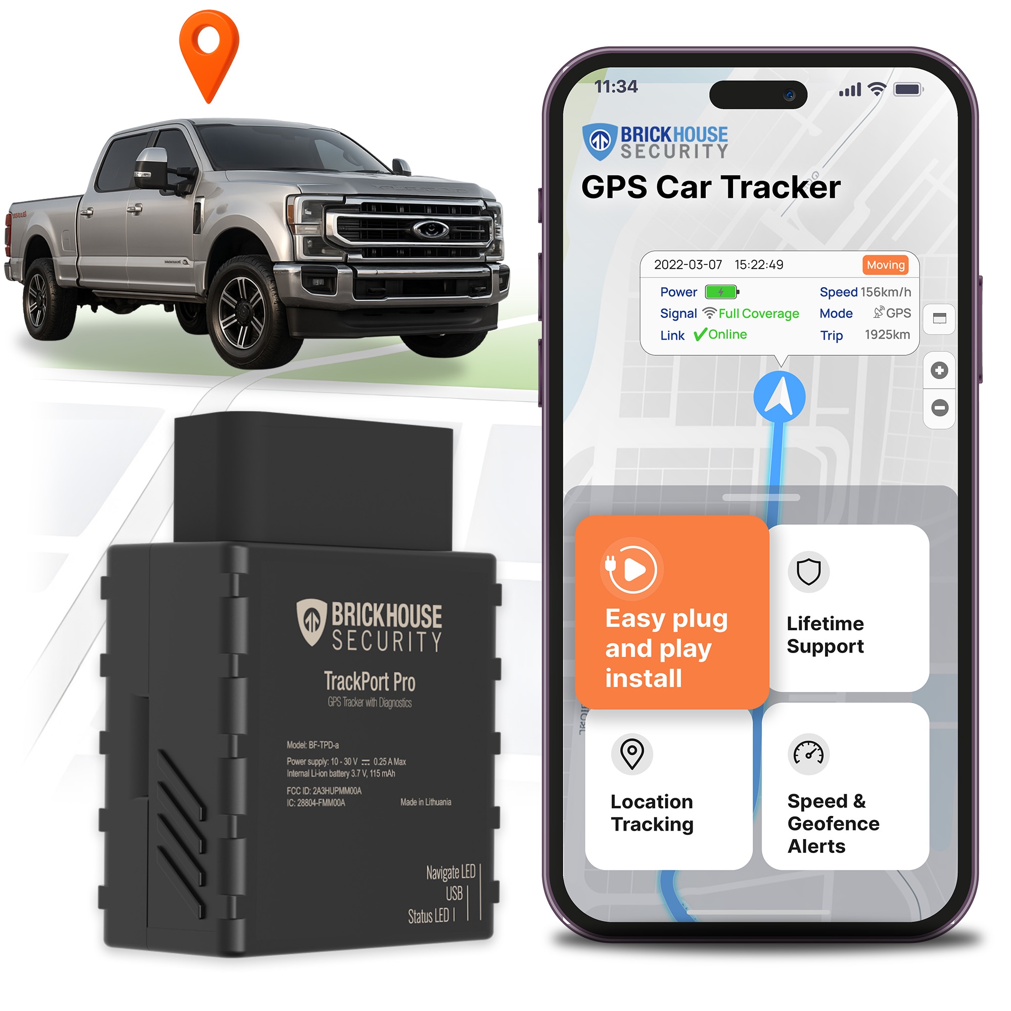 BrickHouse Security TrackPort Pro - Diagnostic GPS Tracker for Vehicles Car Location Speed Battery Health Mileage Vehicle Diagnostic Data Report - Plugs into OBD Port - Subscription Required