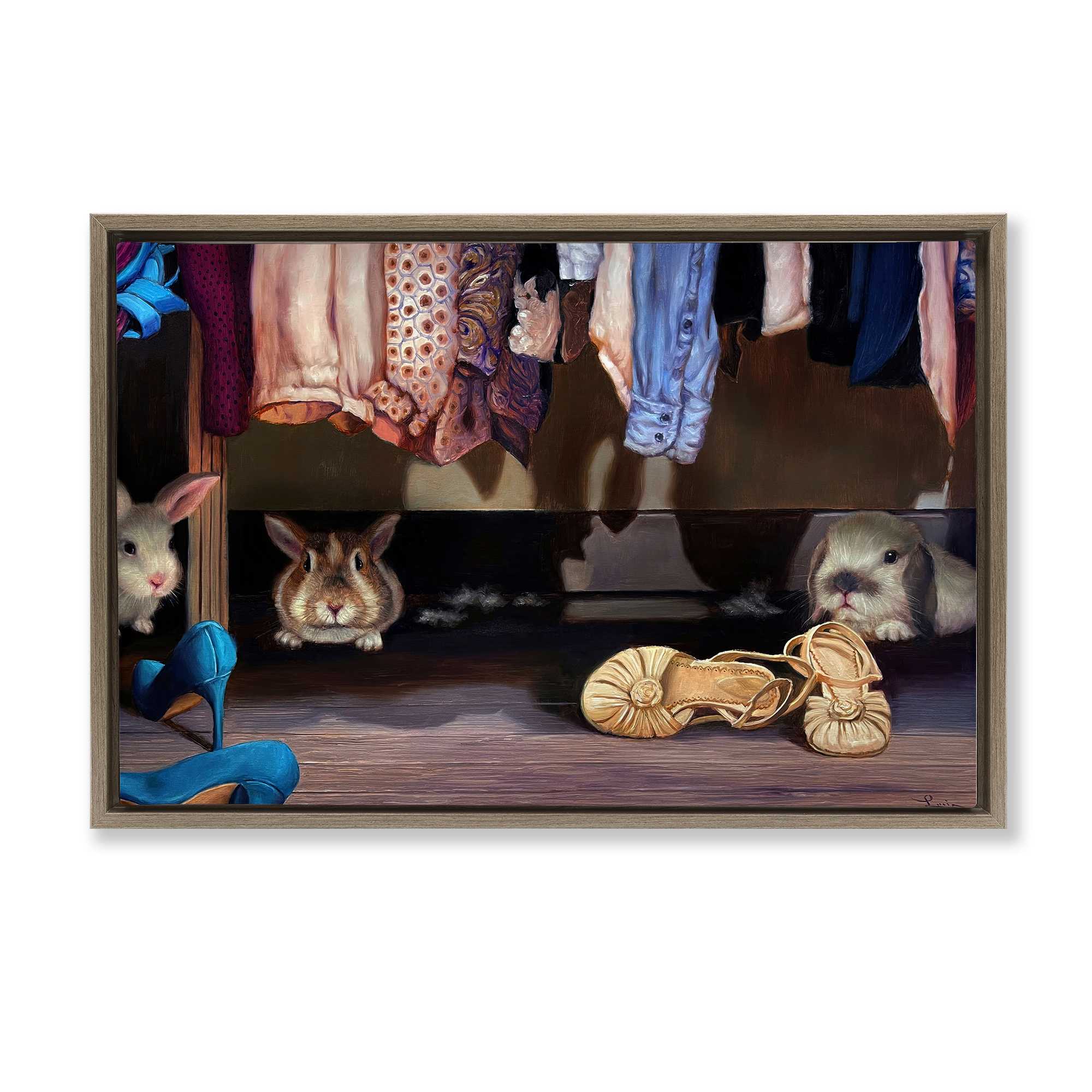 Stupell Industries BS-784-FFE-16X24 Bunnies Under Closet View Brown Framed Floater Canvas Wall Art By Lucia Heffernan 25 x 17