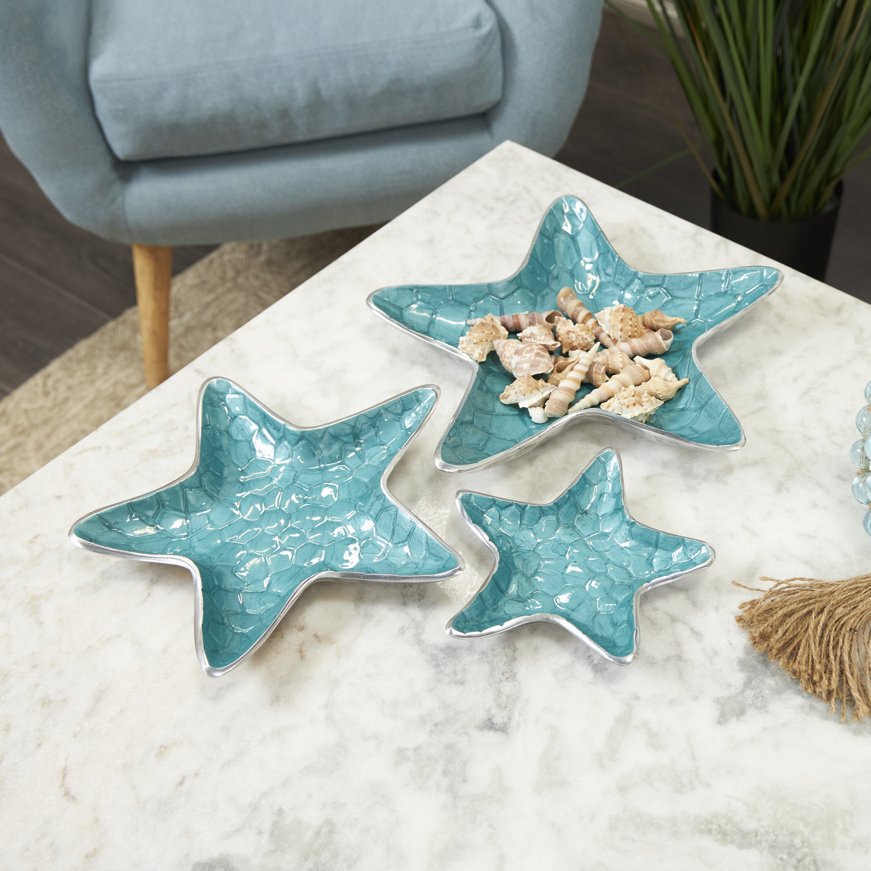 Grayson Lane 821784 3 -Pack Blue Aluminum Coastal Decorative tray