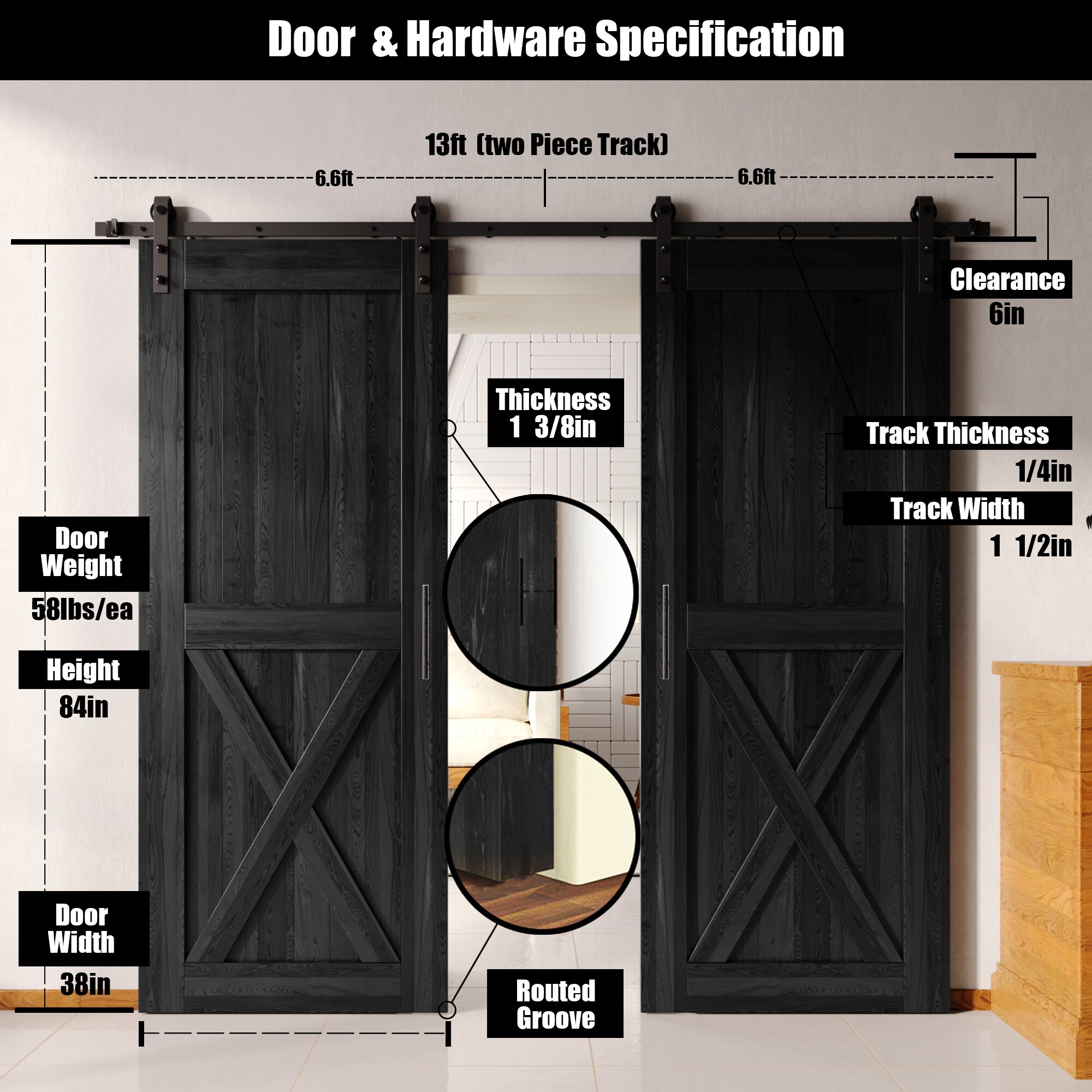 HOMACER YT2TGH156C-3884-X-BK Barn-Doors - View #2