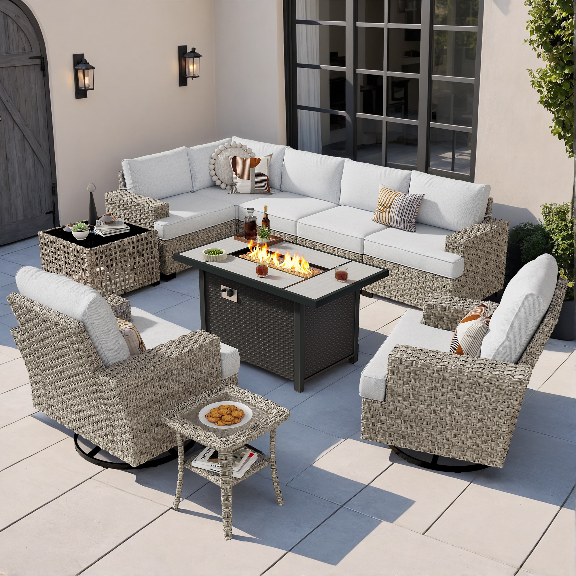 Ovios RFPTS409Y 10 -Piece Rattan Patio Conversation Set with Light Gray Cushions