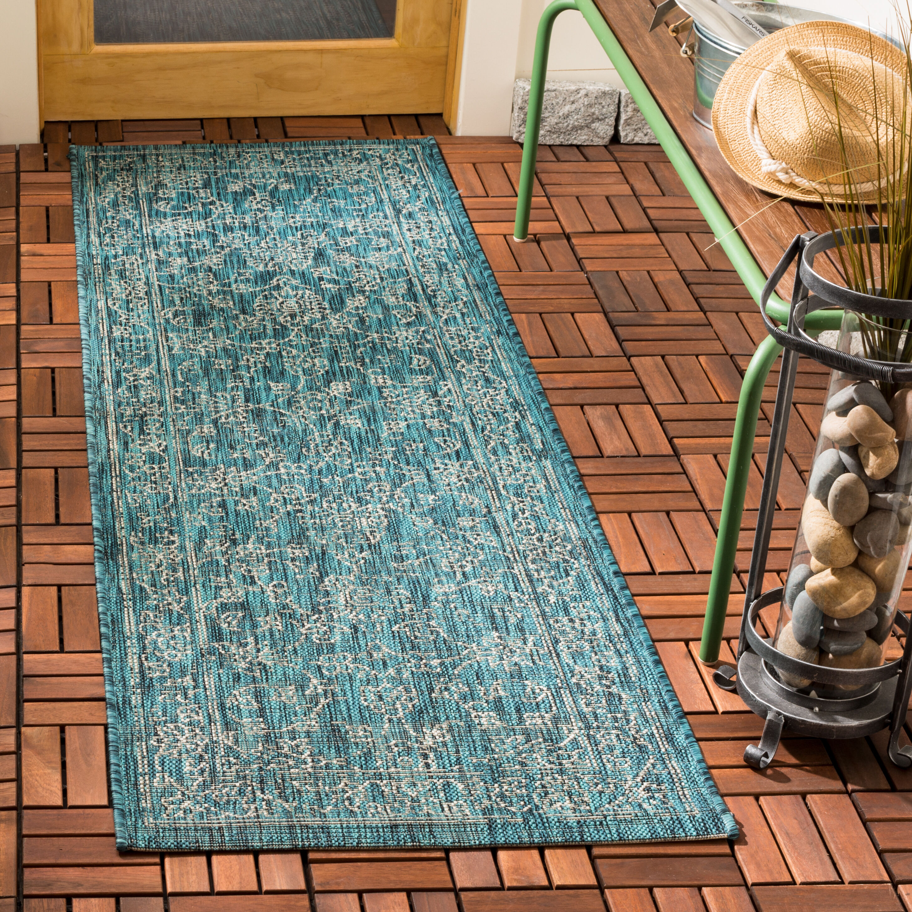 Safavieh CY8680-37221-212 Courtyard Providence 2 x 12 (ft) Loomed Polypropylene Turquoise Rectangular Indoor/Outdoor Distressed/Overdyed Coastal Runner rug