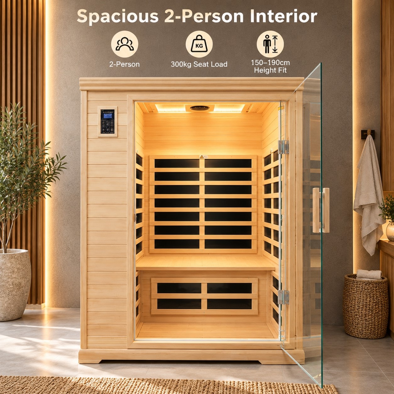 HBUDS 2 Person Hemlock Far Infrared Indoor Sauna Room with 9 Heating Panels 1750W Clothes Dryer Disinfection Colorful Lights Bluetooth Audio