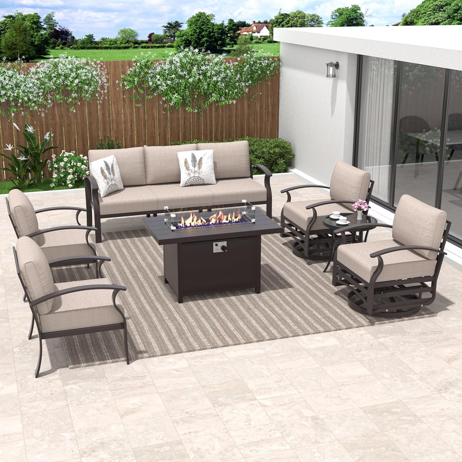 ALAULM LS-A-5S+3SRC-KHAKI 7 -Piece Patio Conversation Set with Brown Cushions