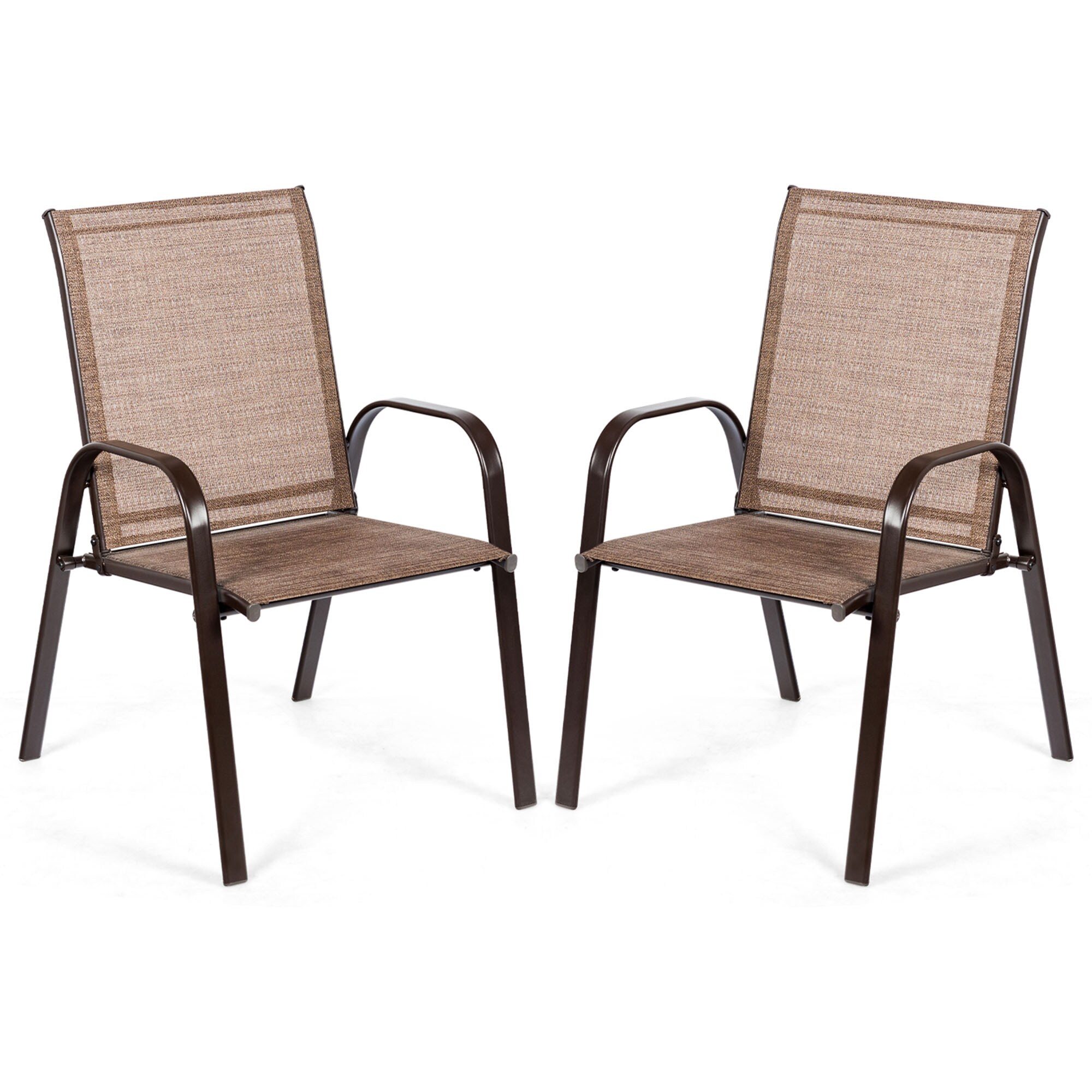 Sumyeg FF-W29904659 2 Pieces Patio Outdoor Dining Chair with Armrest Set of 2 Black Metal Frame Stationary Dining Chair with Brown Mesh Seat