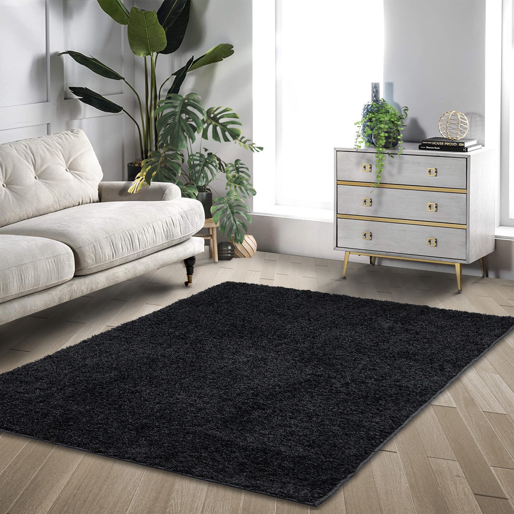 Garvee YXY-LO-PHO-0RQYOVOK 4 x 6 (ft) Loomed Polyester Black Rectangular Indoor Solid Mid-Century Modern Machine washable Area rug