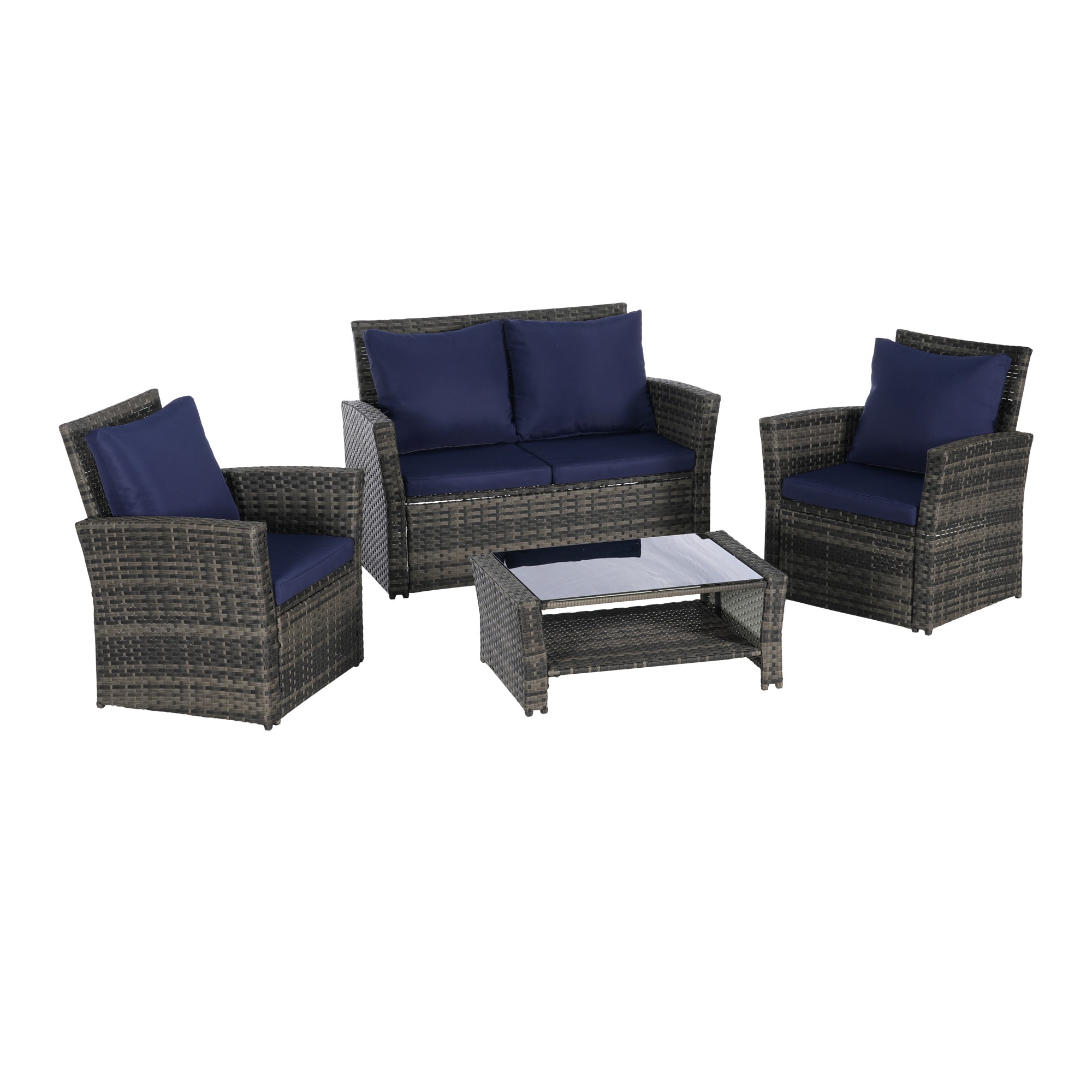 Gaierptone CRX1AACSJ70 4 -Piece Wicker 3 Patio Sofa Conversation Set with Blue Cushions