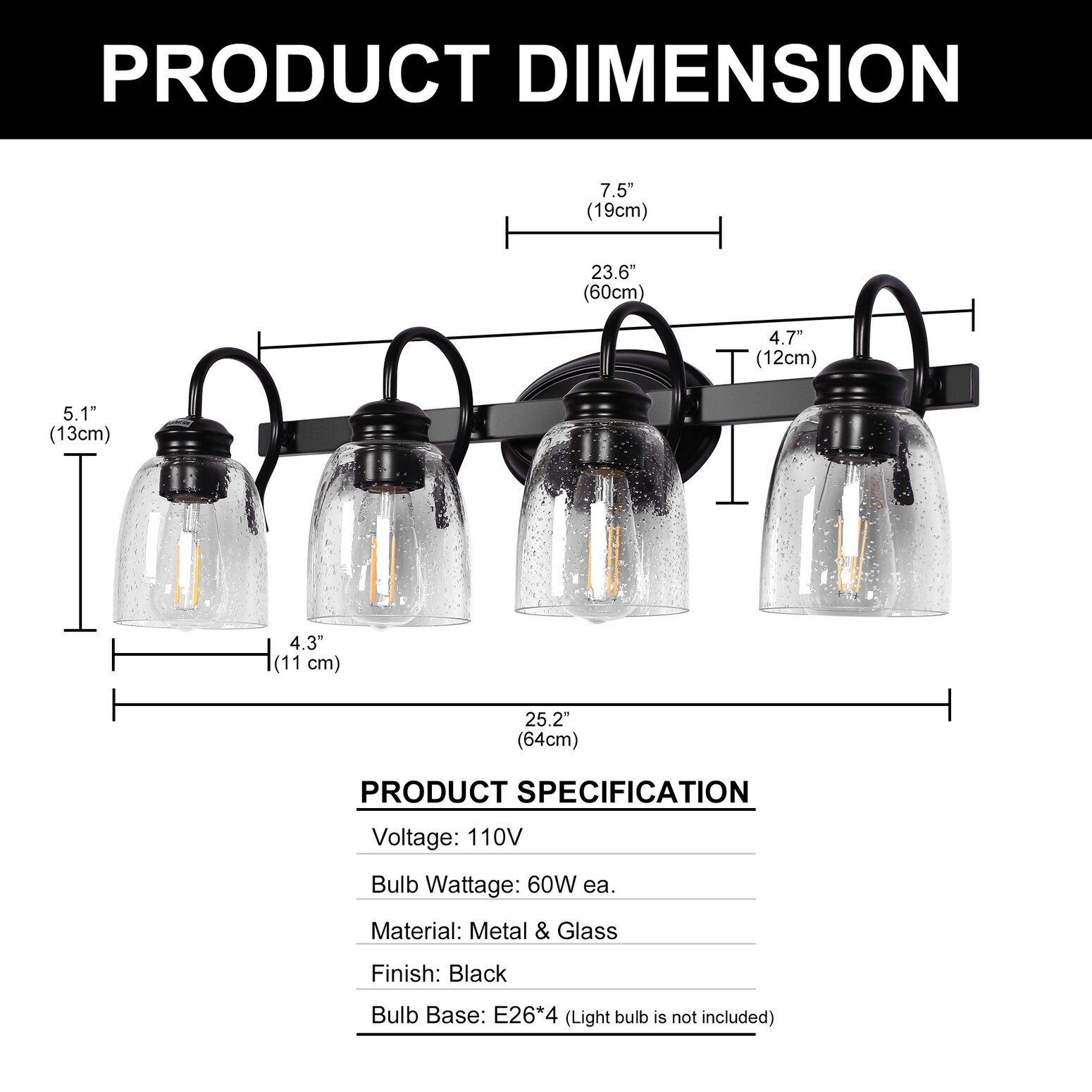 YANSUN 25.2-in 4-Light Matte Black LED Industrial Vanity Light in the ...