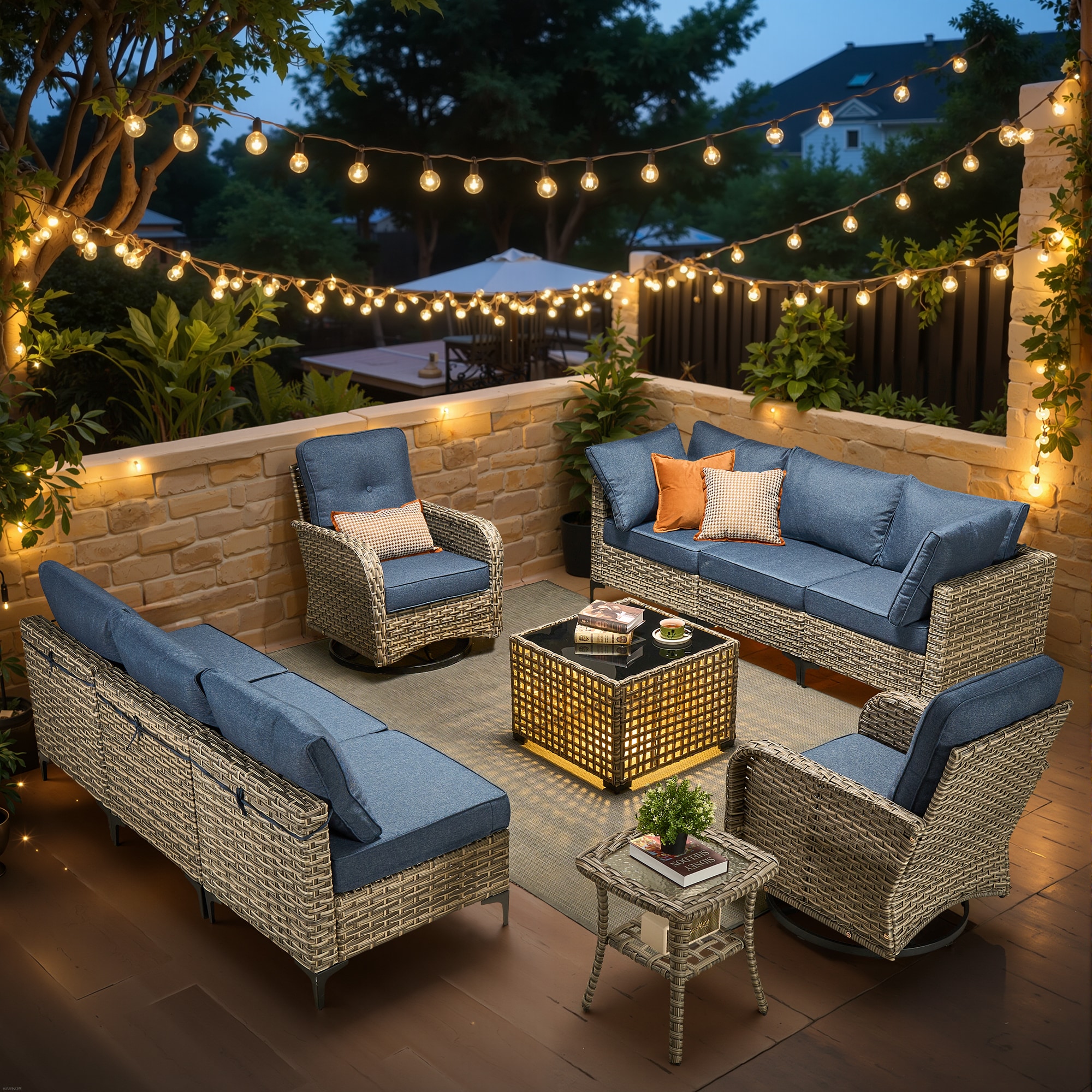 XIZZI XISKT50104-VNC Amber Rattan Outdoor Sectional with Blue Cushions and Rattan Frame