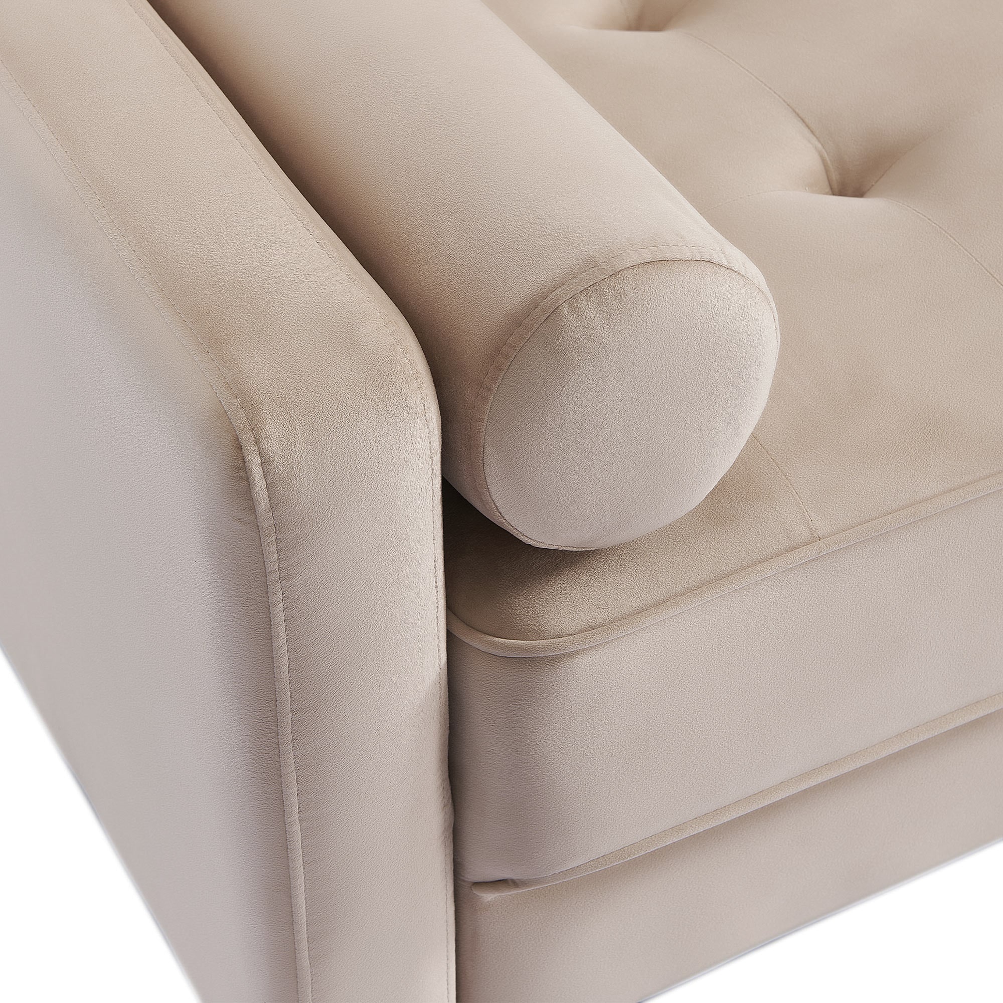 Beige Velvet Loveseat with Wood Legs and Bolster Pillows