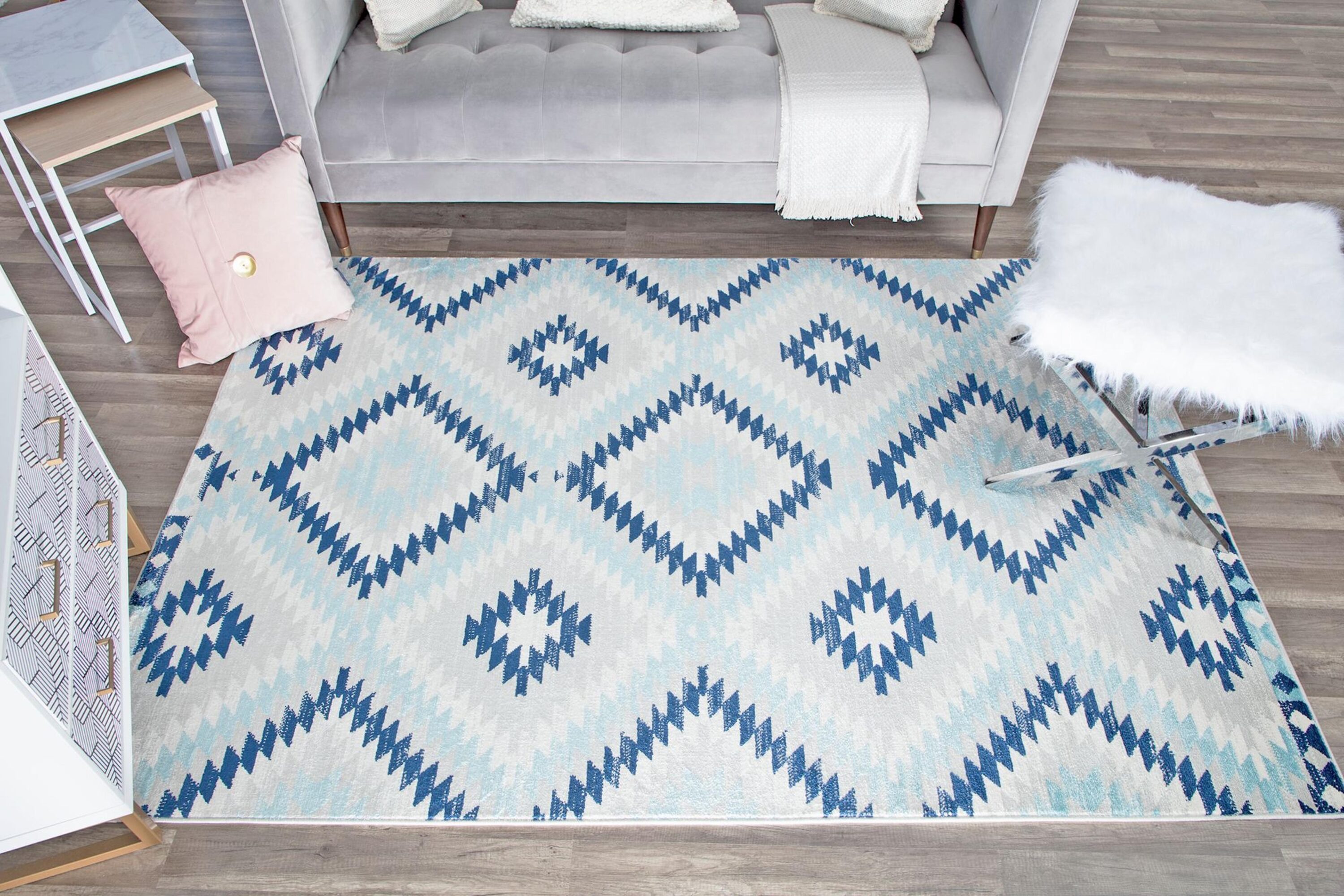 Ice Blue and Multicolor Synthetic Stain-Resistant Runner Rug
