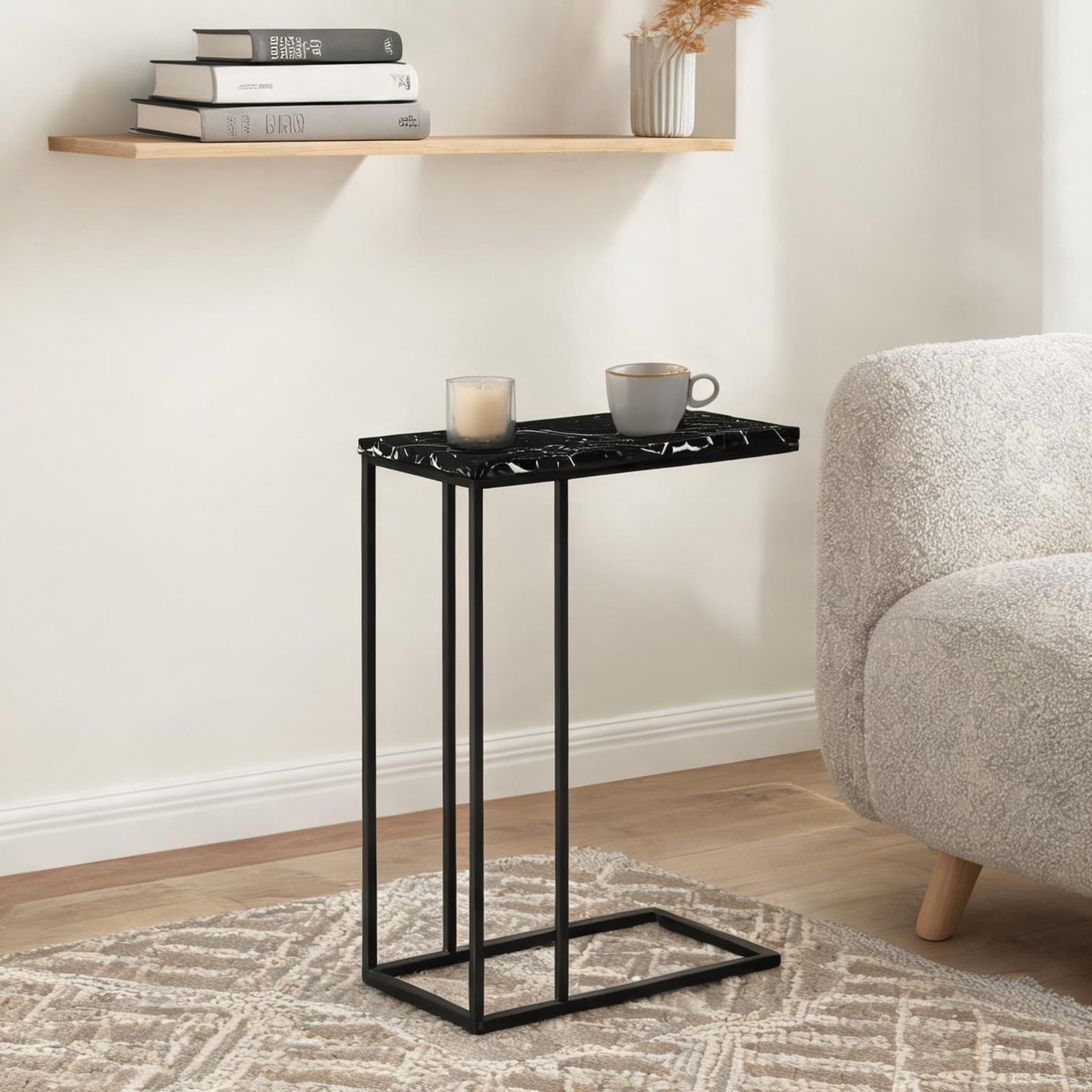 Watnature Matte Black Marble-Look C-Shaped Snack Table with Sled Base ...